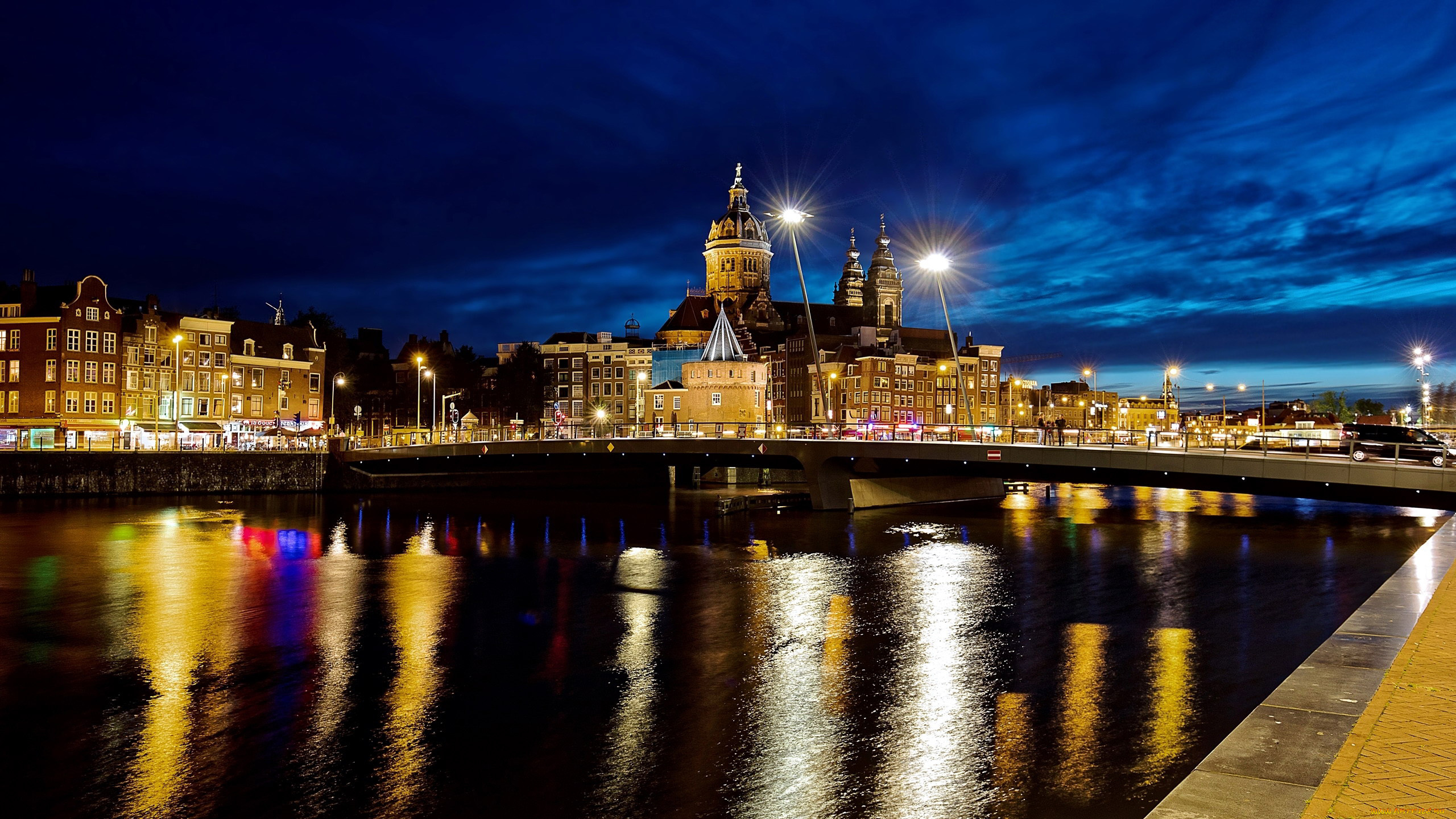 города, амстердам, , нидерланды, огни, вечер, канал