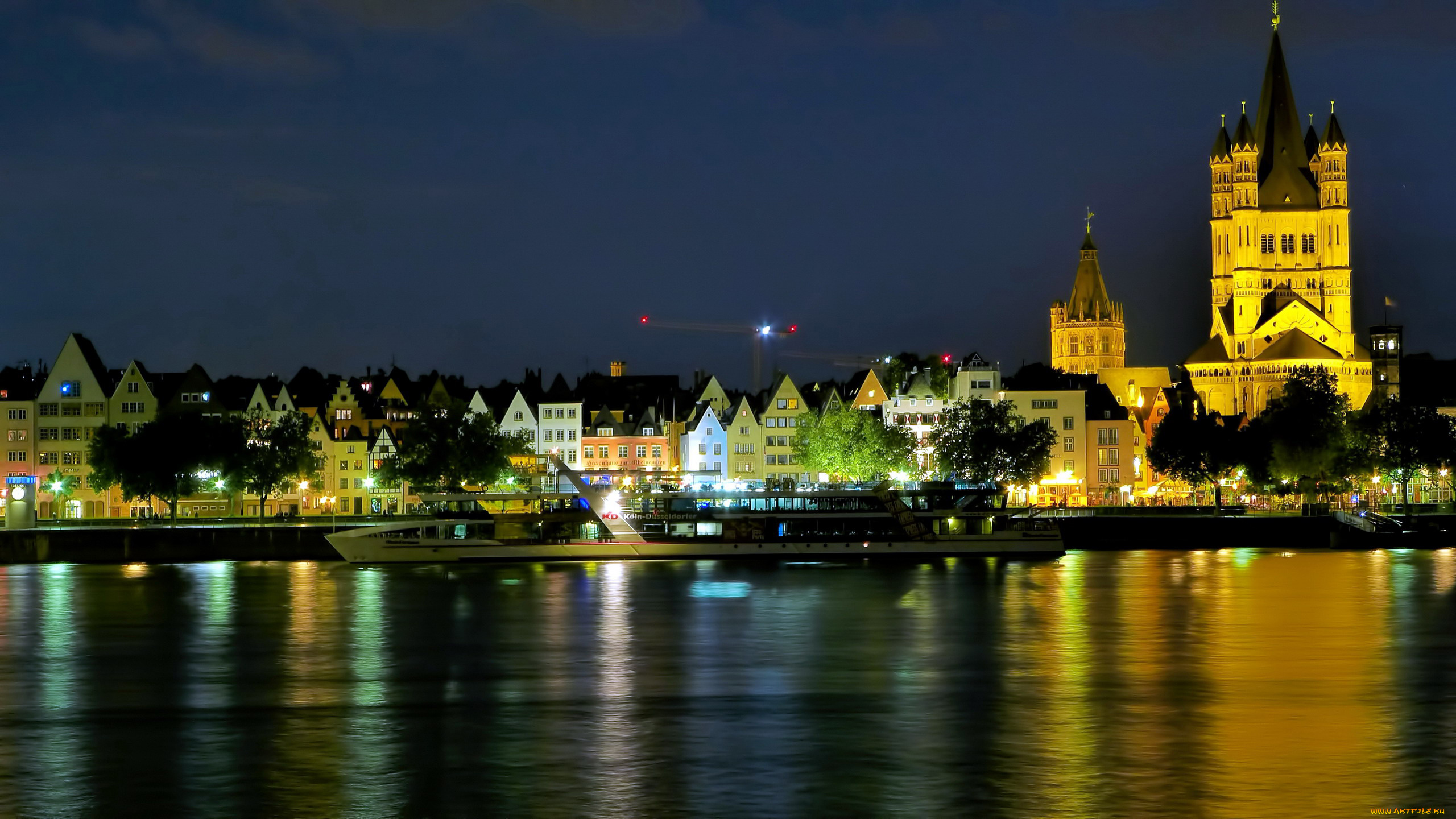 города, кельн, , германия, вечер, река, огни