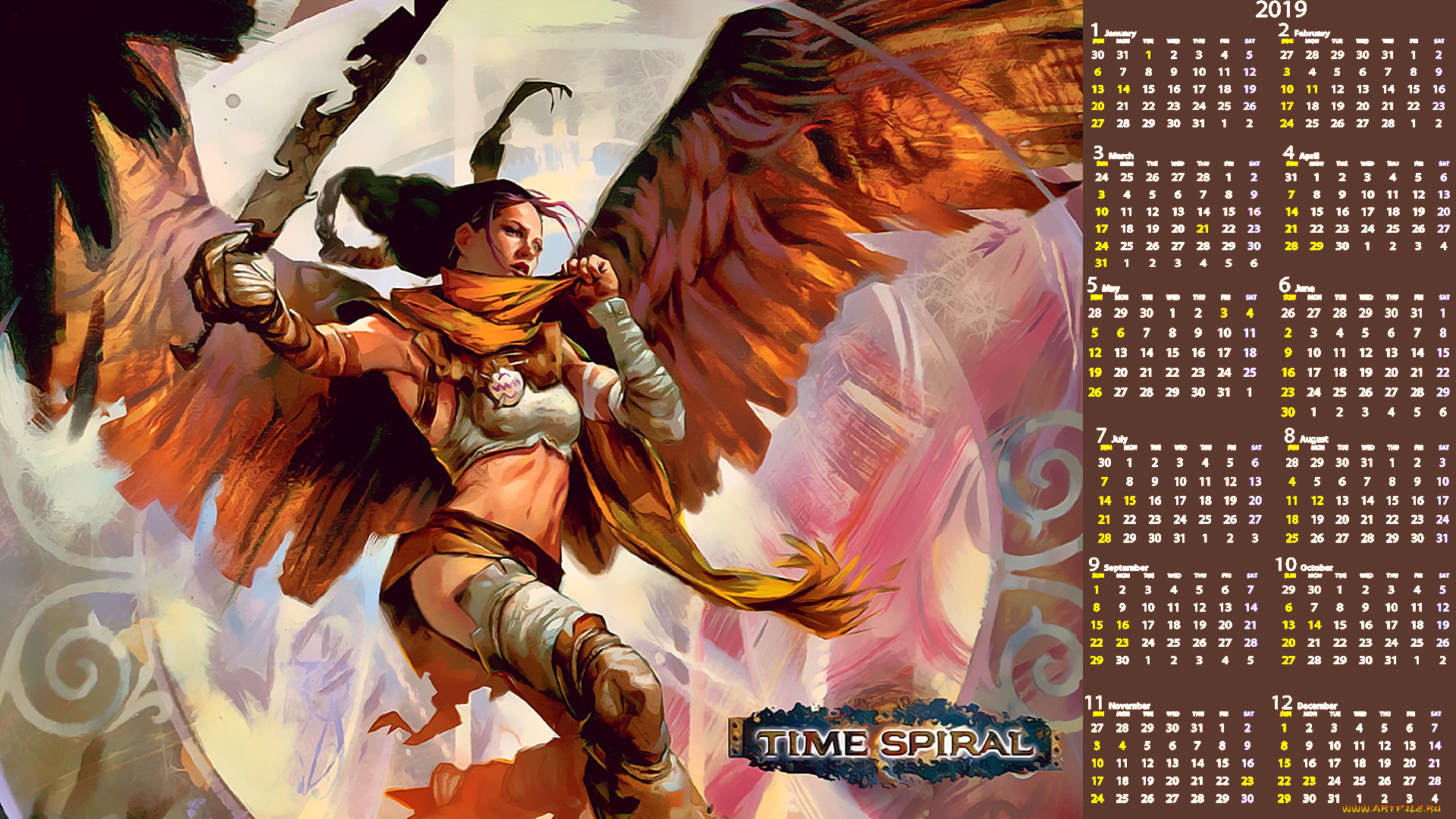 календари, фэнтези, оружие, крылья, девушка