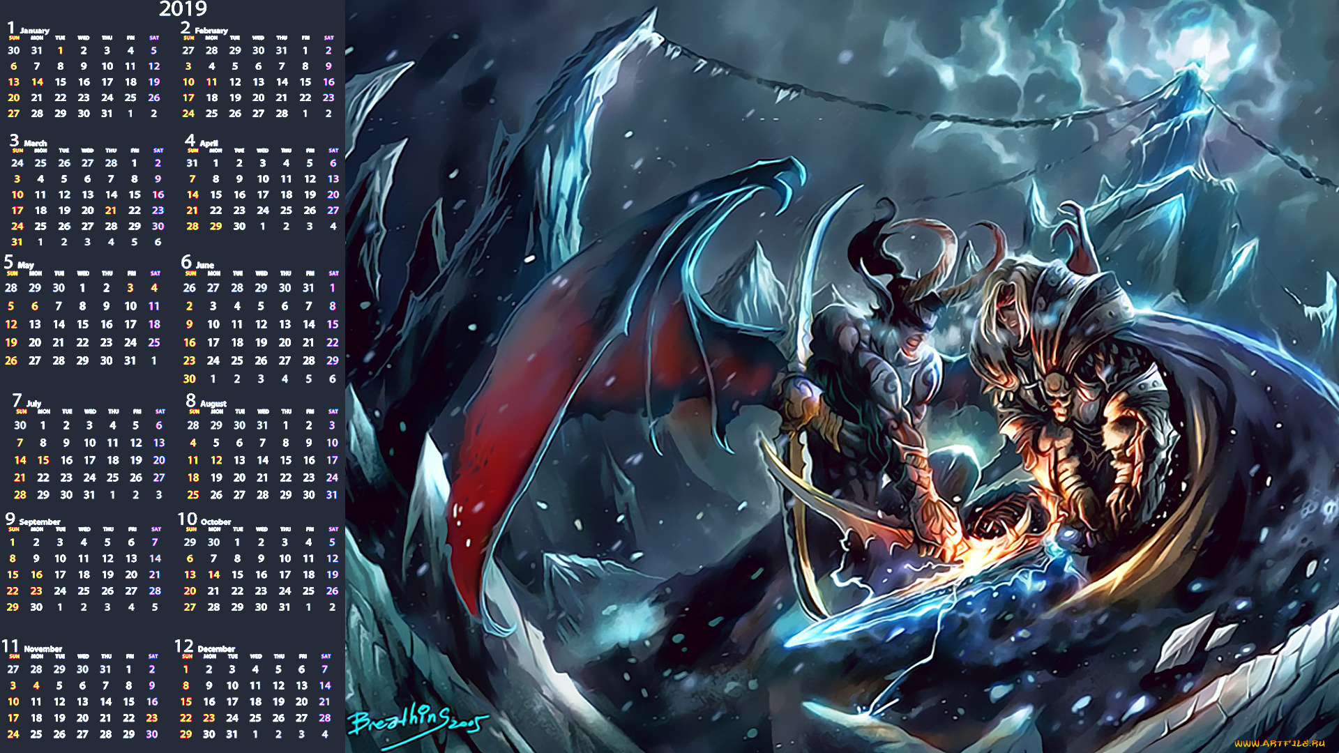 календари, фэнтези, рога, крылья, воин