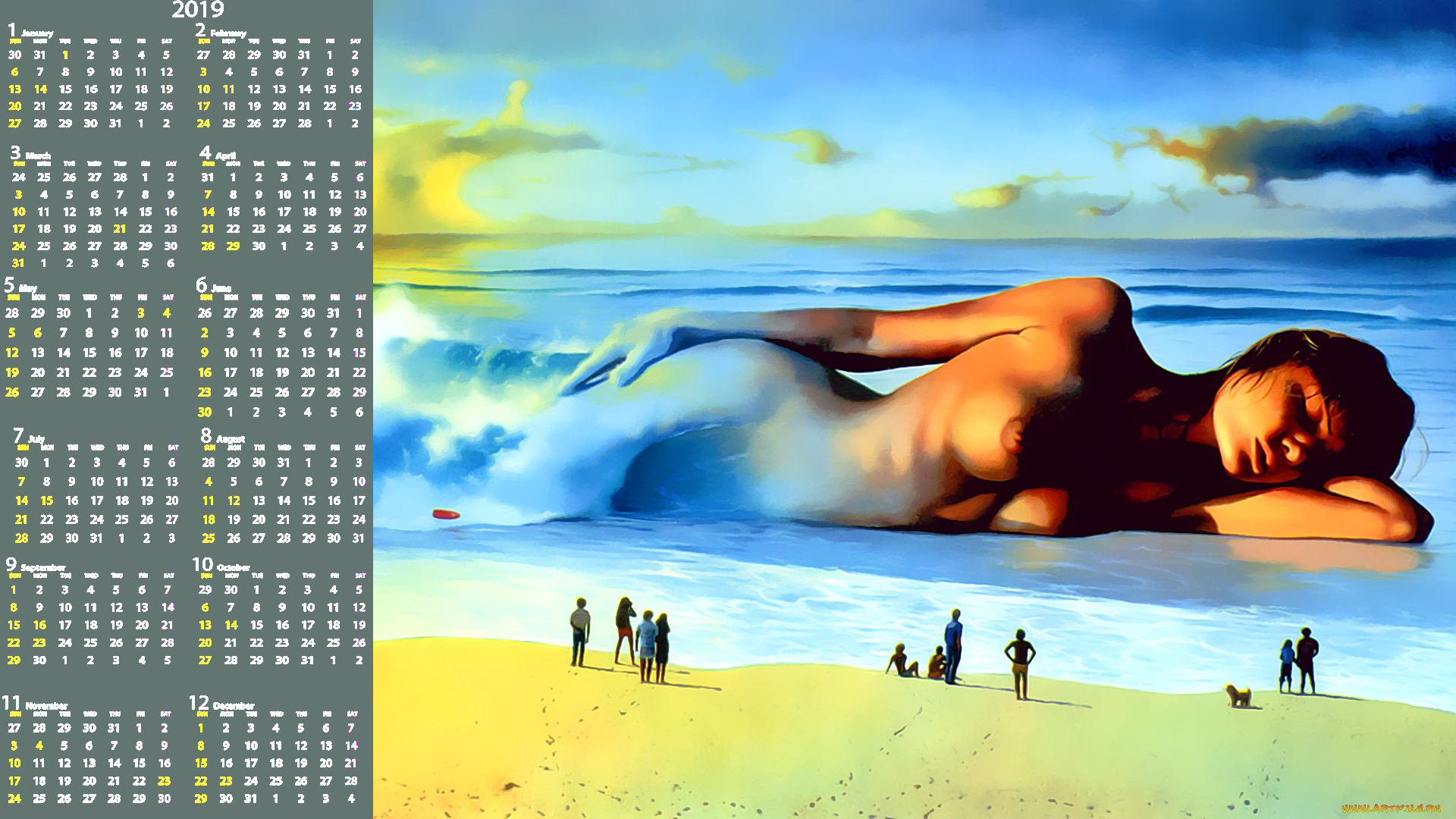 календари, фэнтези, водоем, женщина, люди