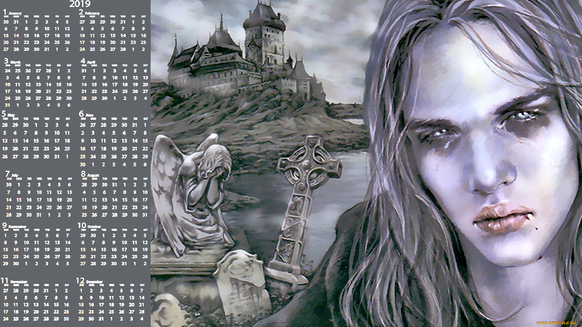 календари, фэнтези, здание, крест, статуя, лицо, взгляд, парень