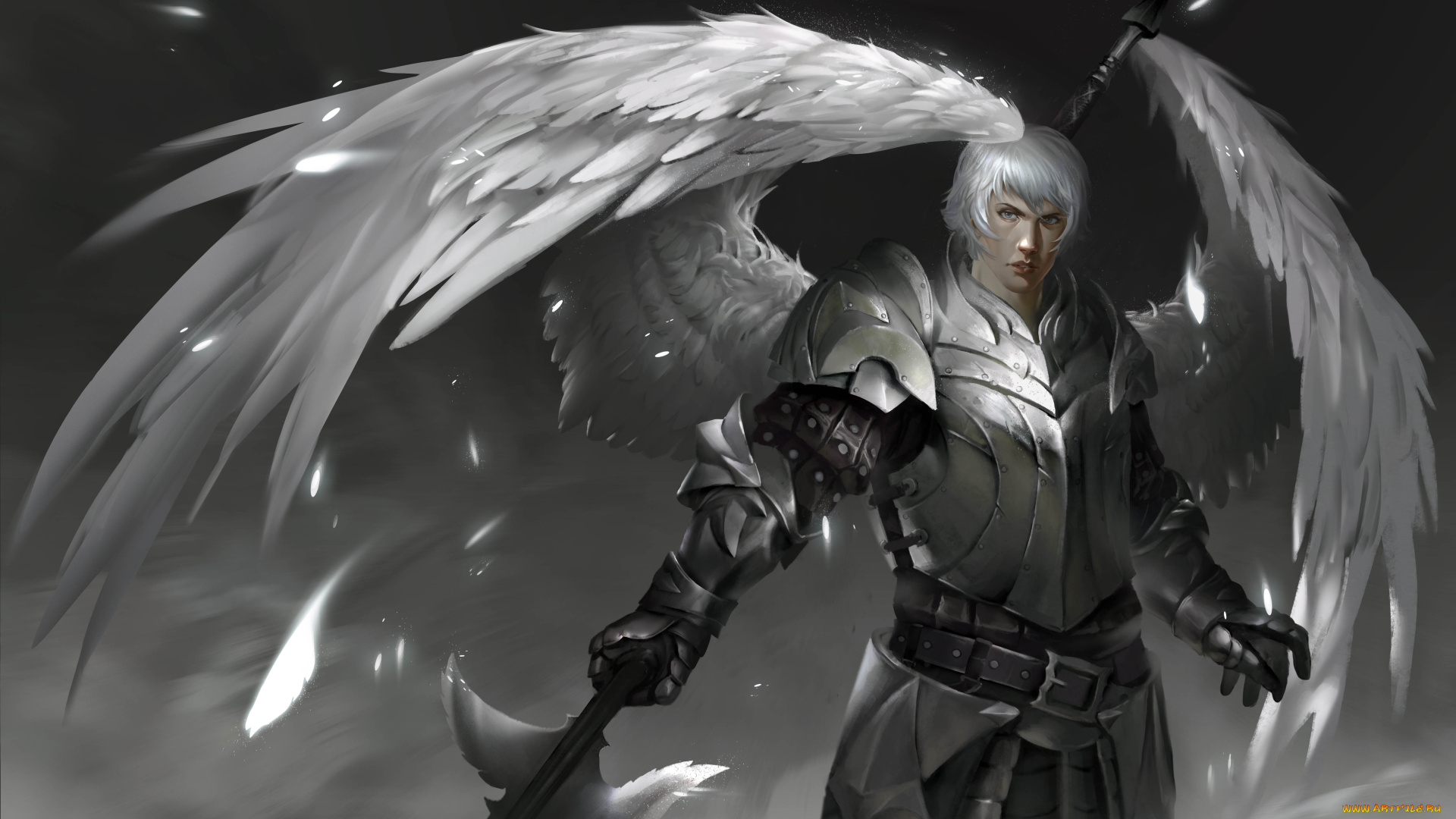 фэнтези, ангелы, взгляд, крылья, латы, фон, мужчина