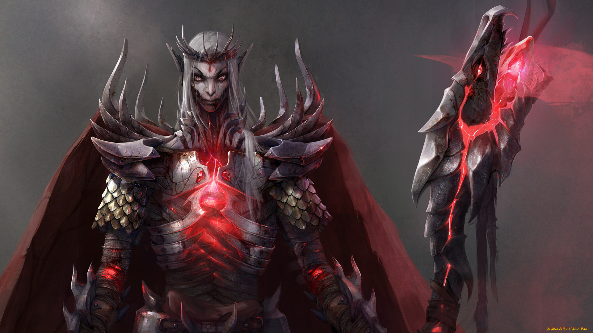 фэнтези, эльфы, посох, латы, взгляд, фон, существо