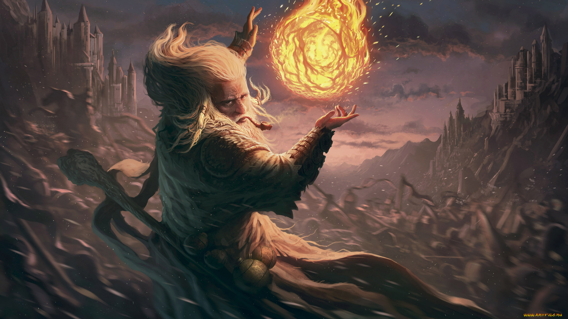 фэнтези, маги, , волшебники, огонь, шар, трубка, фон, старик