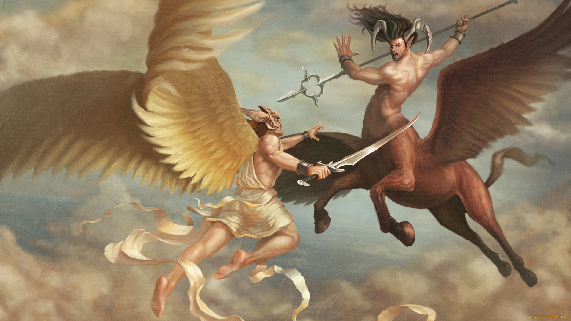 фэнтези, существа, фон, мужчины, бой, кентавр, копье, крылья, рога, меч