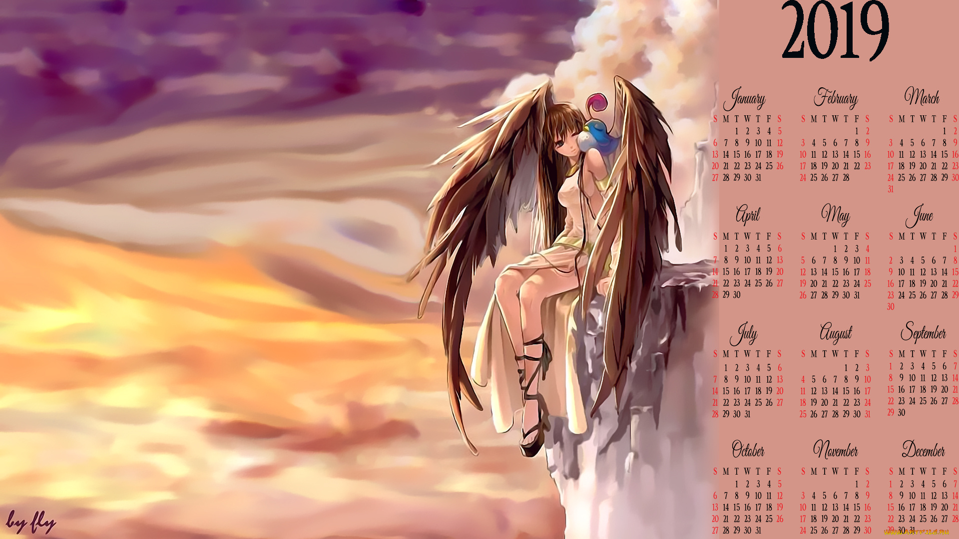 календари, фэнтези, крылья, девушка, птица, calendar, 2019