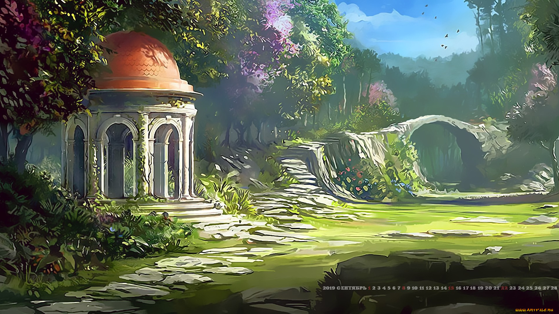 календари, фэнтези, мост, природа, купол, растение, день, беседка, calendar, 2019