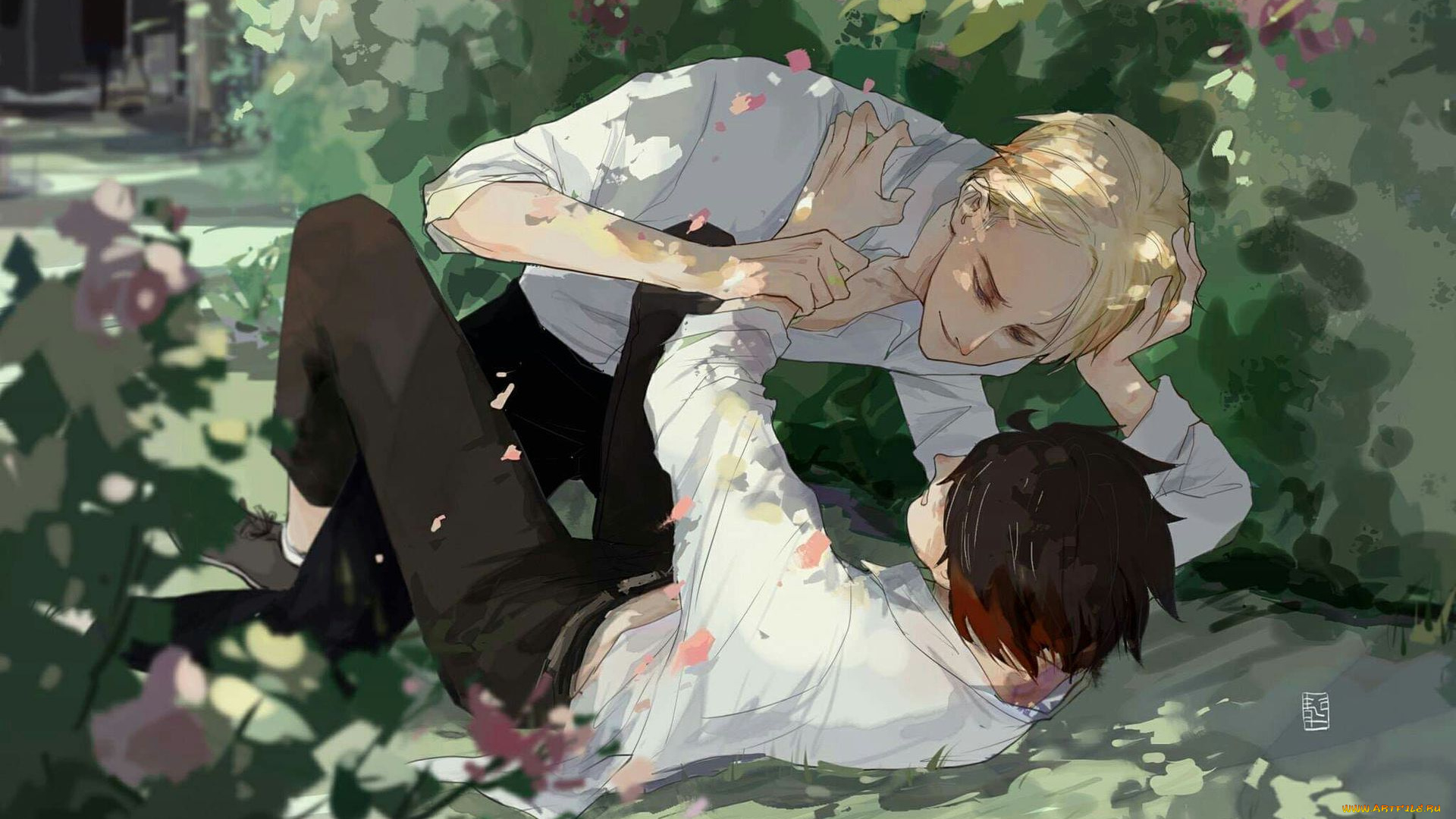 рисованное, кино, сад, парни, драка, лепестки