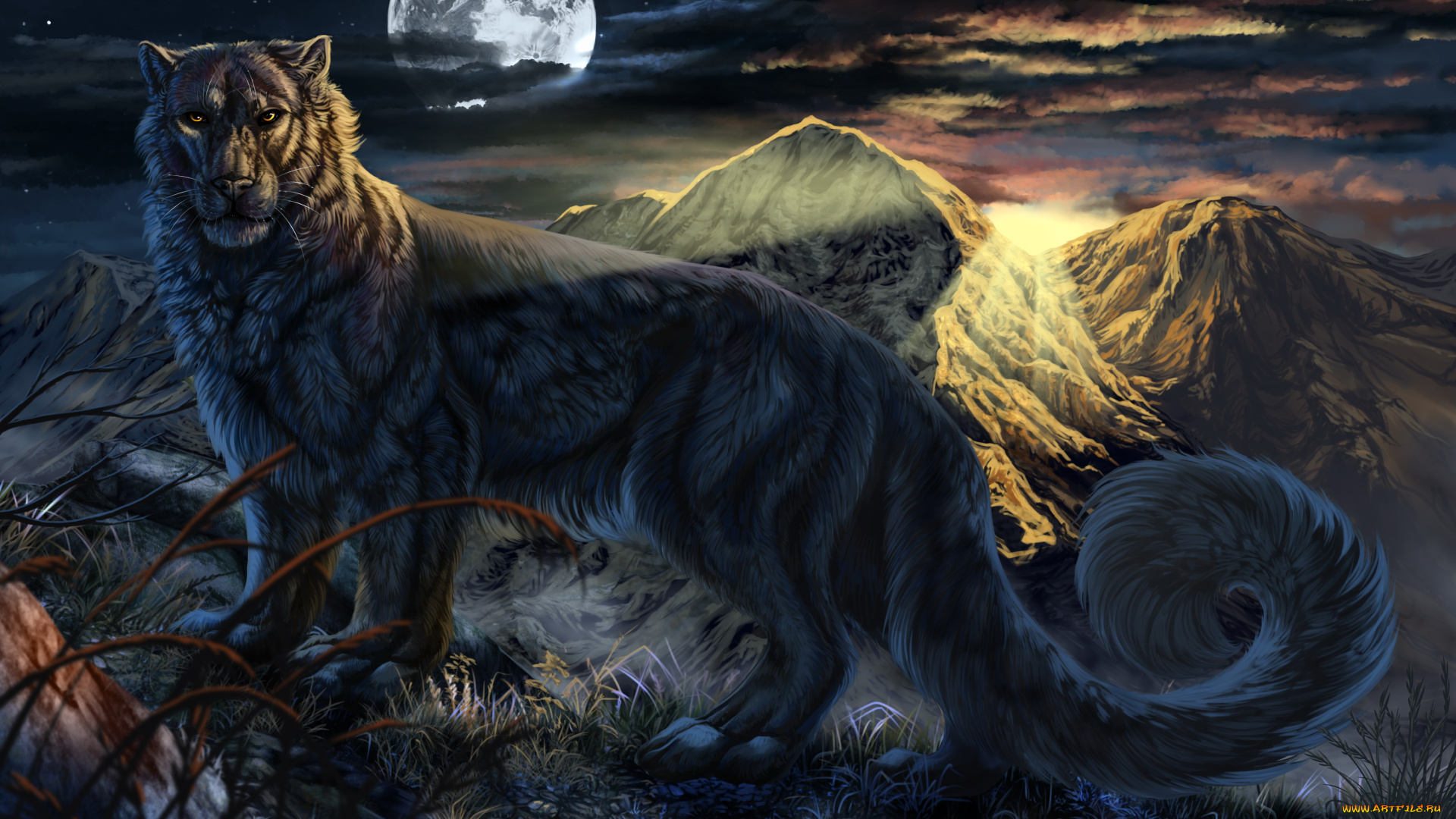 рисованное, животные, , сказочные, , мифические, луна, фон, горы, существо, тигр