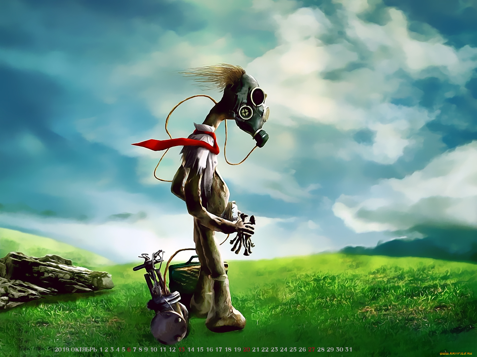 календари, фэнтези, 2019, существо, calendar, природа, противогаз, трава