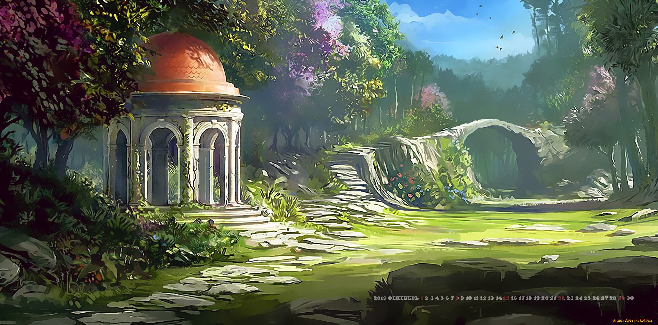 календари, фэнтези, мост, природа, купол, растение, день, беседка, calendar, 2019