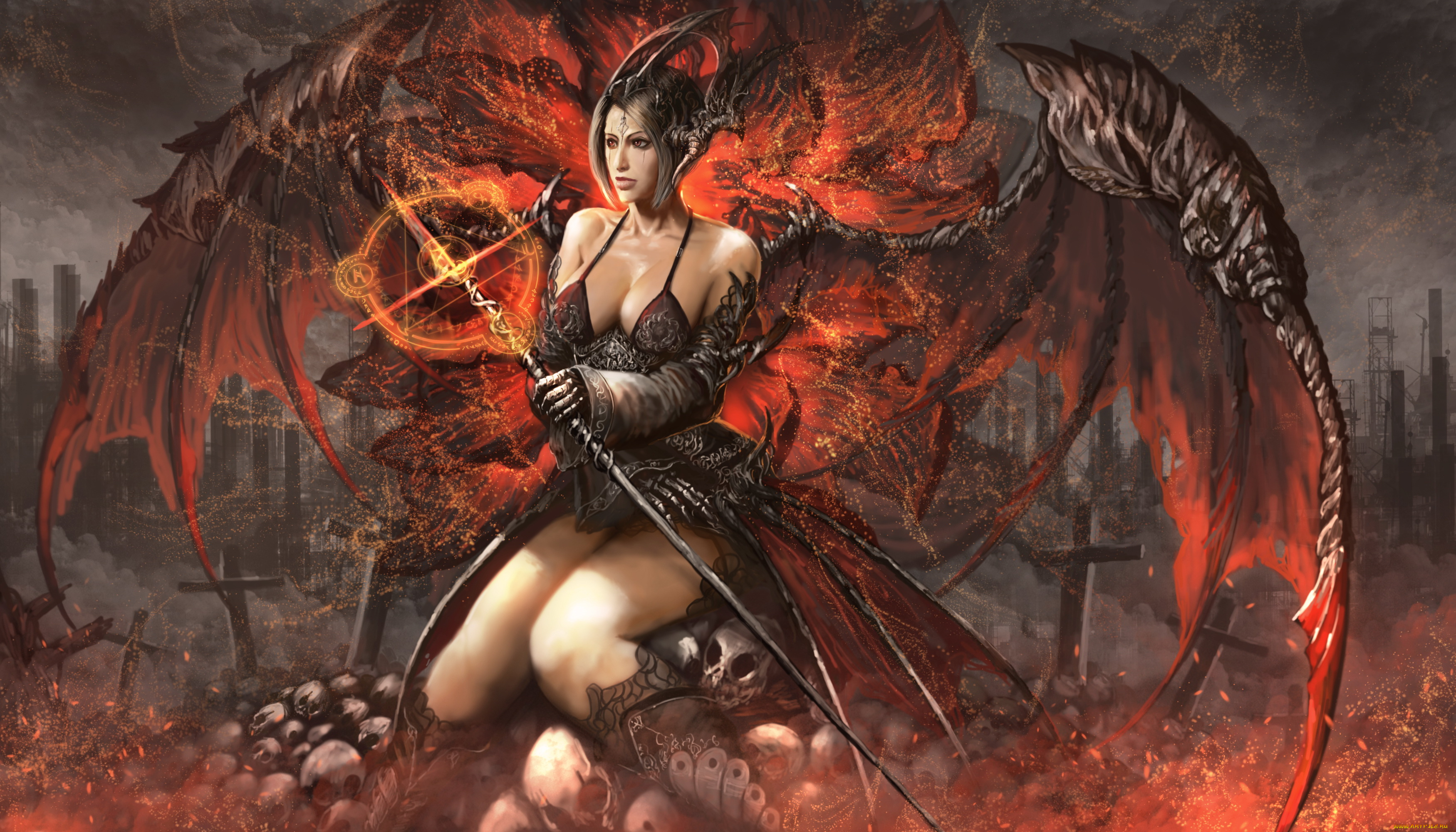 фэнтези, демоны, взгляд, фон, девушка, посох, крылья