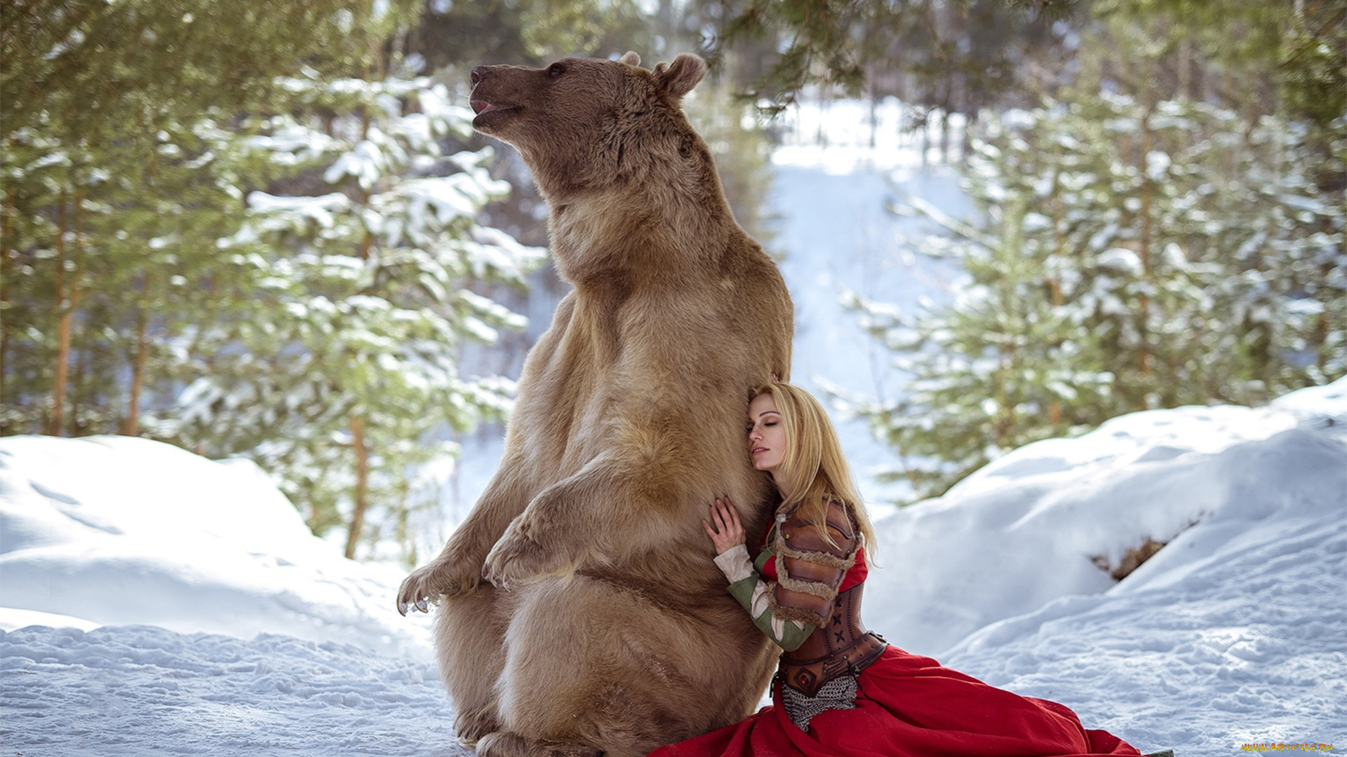 darya, lefler, девушки, дарья, лефлер, darya, lefler, медведь, степан, сарафан, снег, дарья, лефлер, cosplay, блондинка, девушка, модель, наряд, поза, макияж, причёска, взгляд