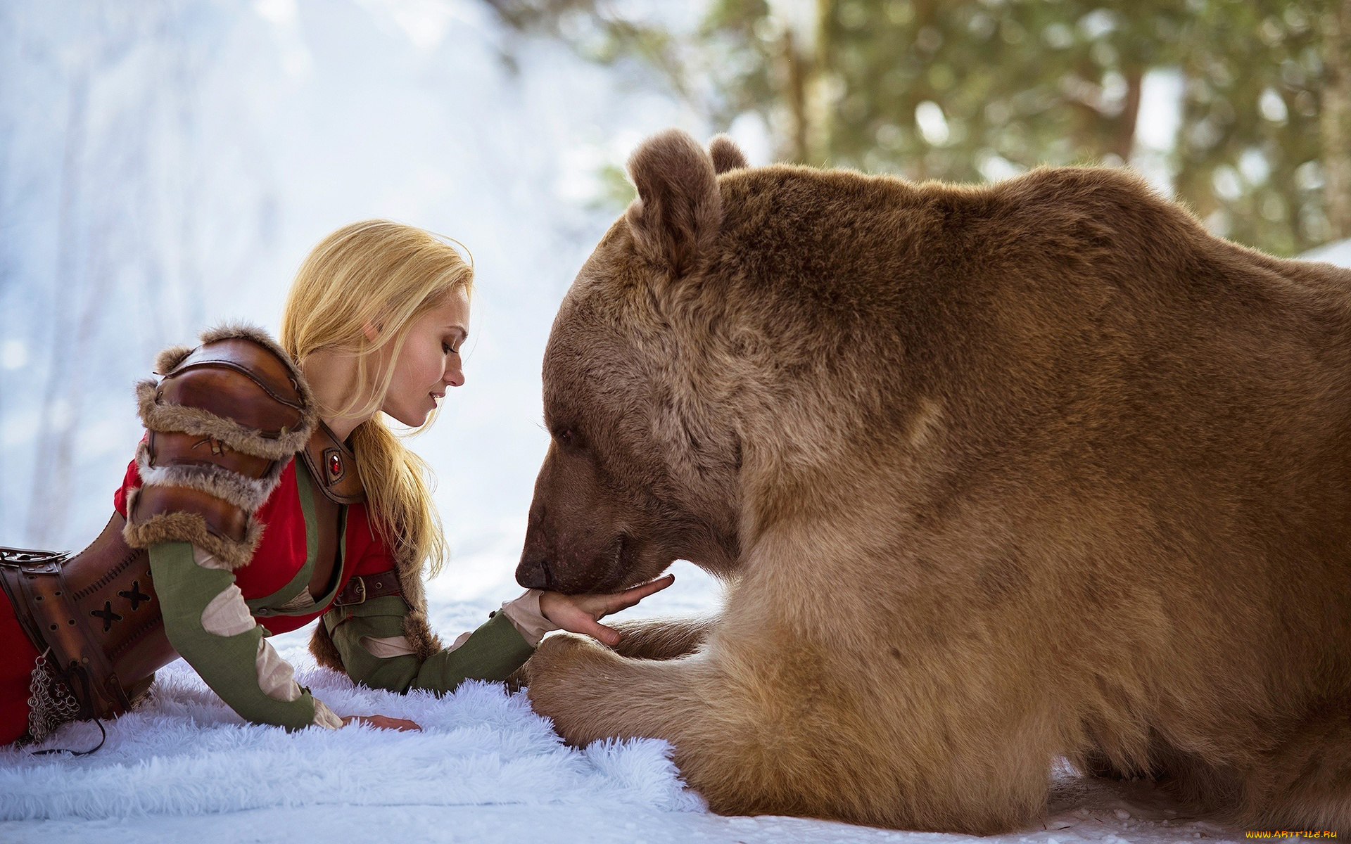 darya, lefler, девушки, дарья, лефлер, darya, lefler, медведь, степан, сарафан, снег, дарья, лефлер, cosplay, блондинка, девушка, модель, наряд, поза, макияж, причёска, взгляд