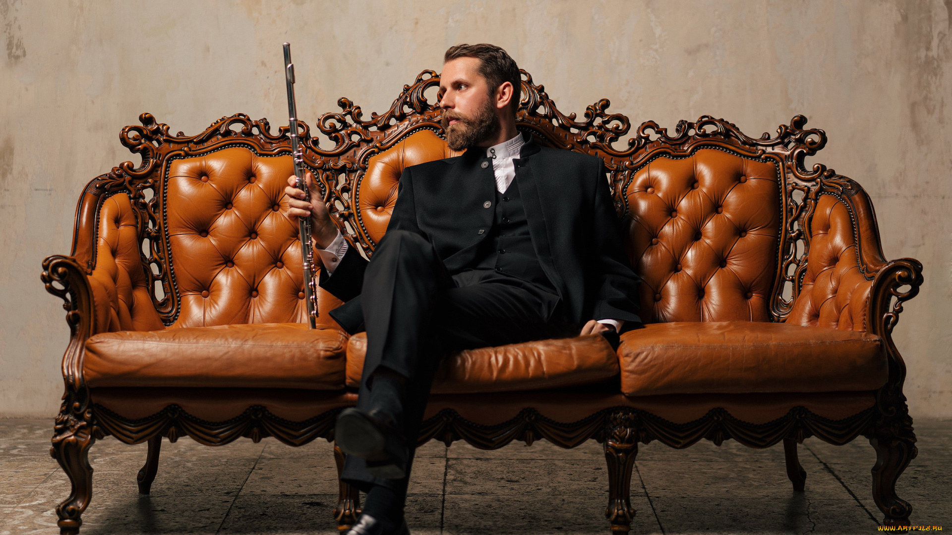 мужчины, -unsort, диван, шатен, бородка, усы, флейта