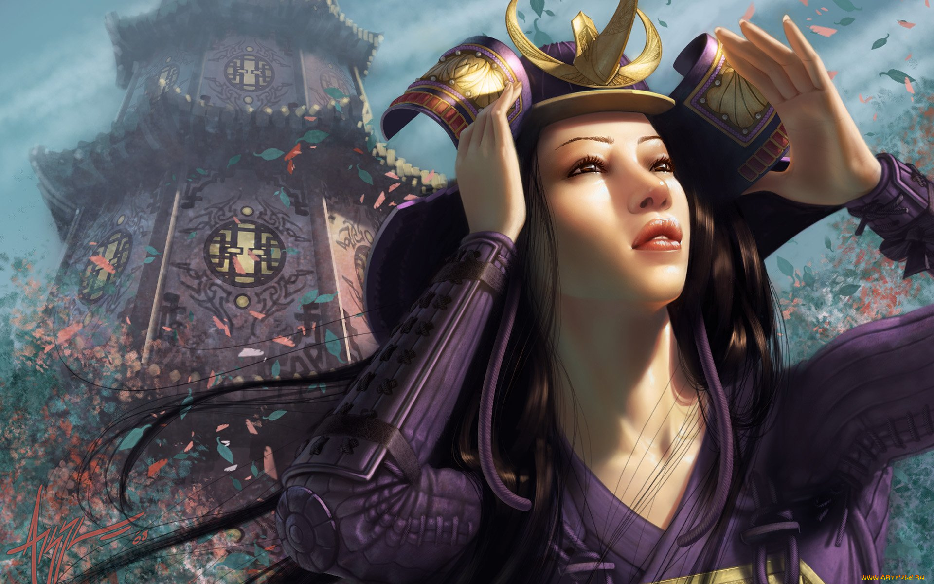 видео, игры, legend, of, the, five, rings, девушка, листья, башня