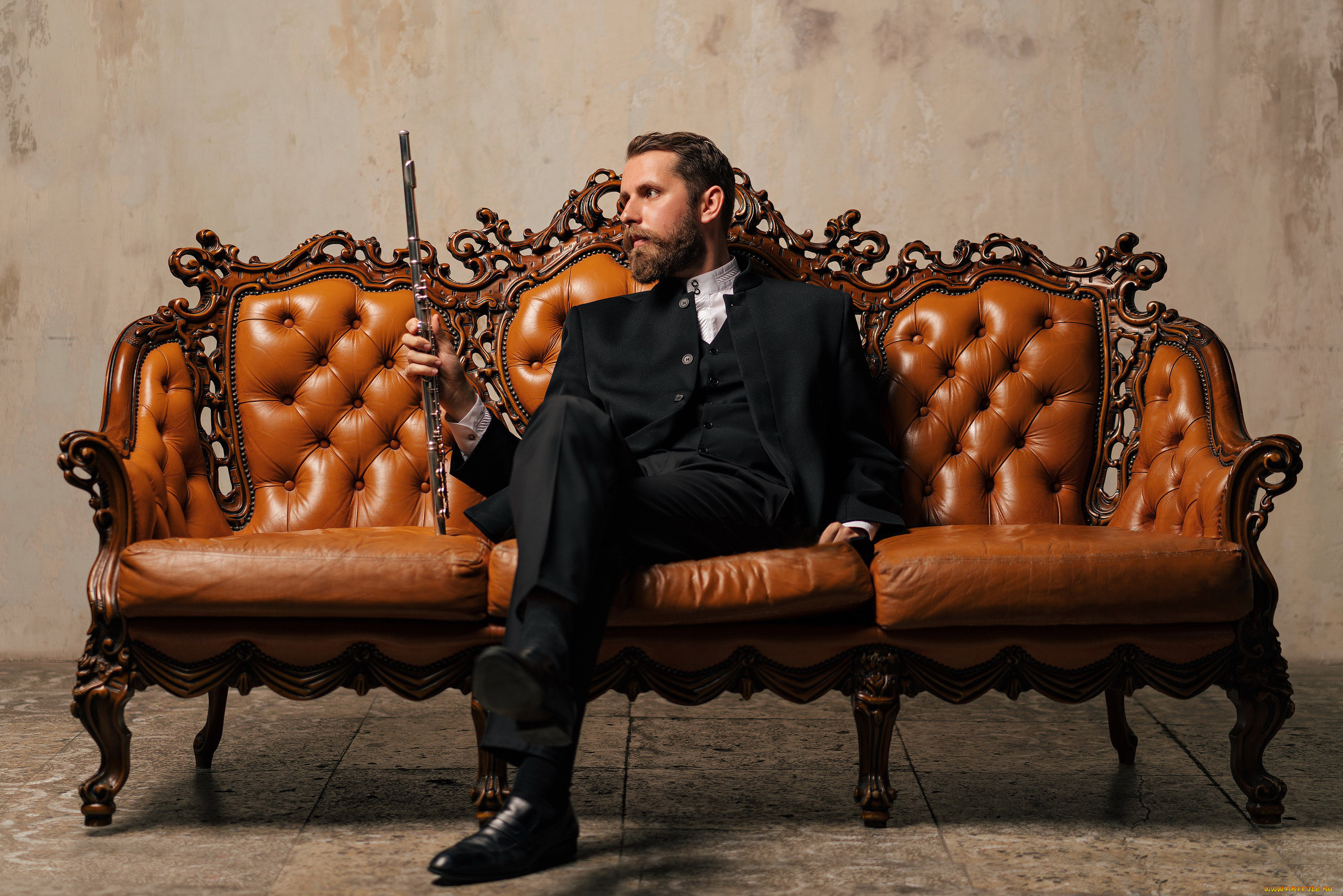 мужчины, -unsort, диван, шатен, бородка, усы, флейта
