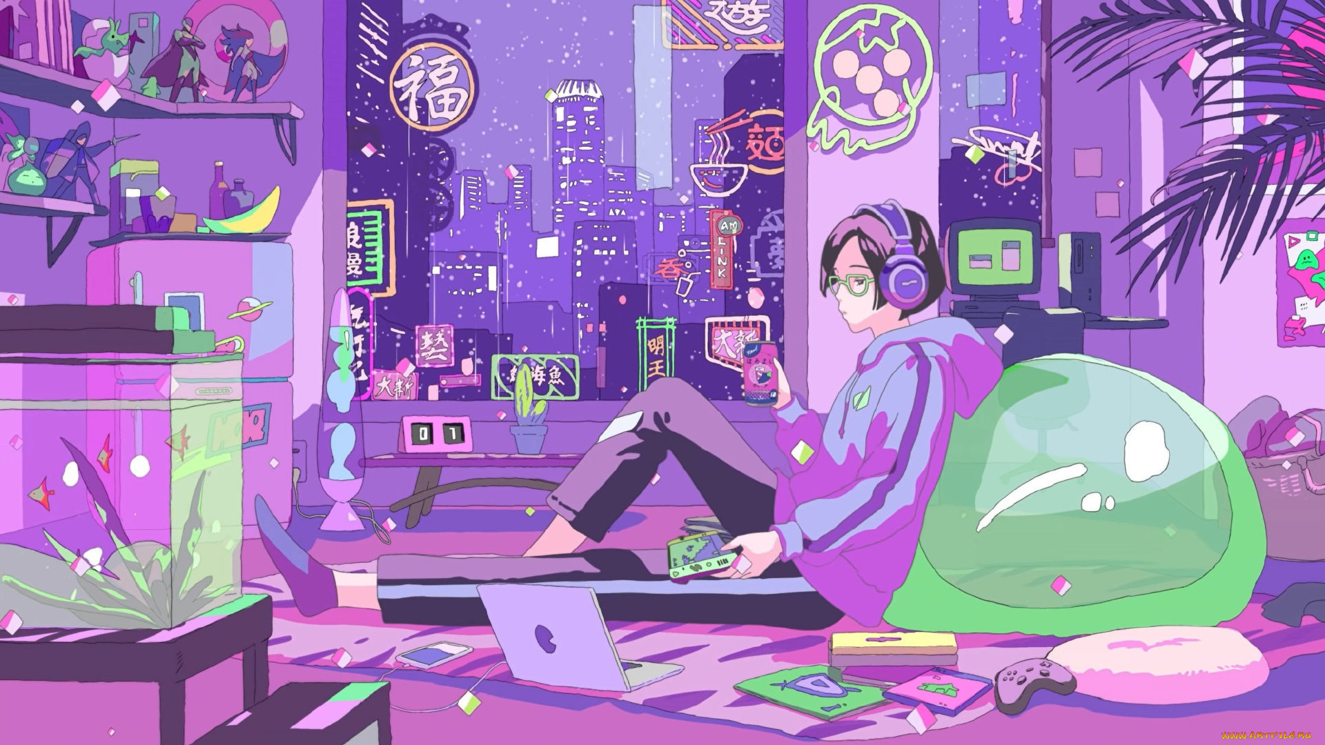 аниме, город, , улицы, , интерьер, , здания, девочка, гаджеты, комната, окно