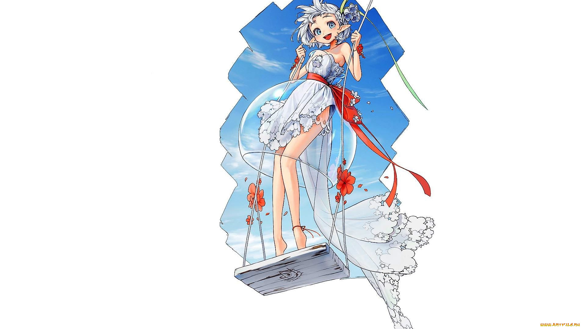 аниме, животные, , существа, девушка, качели