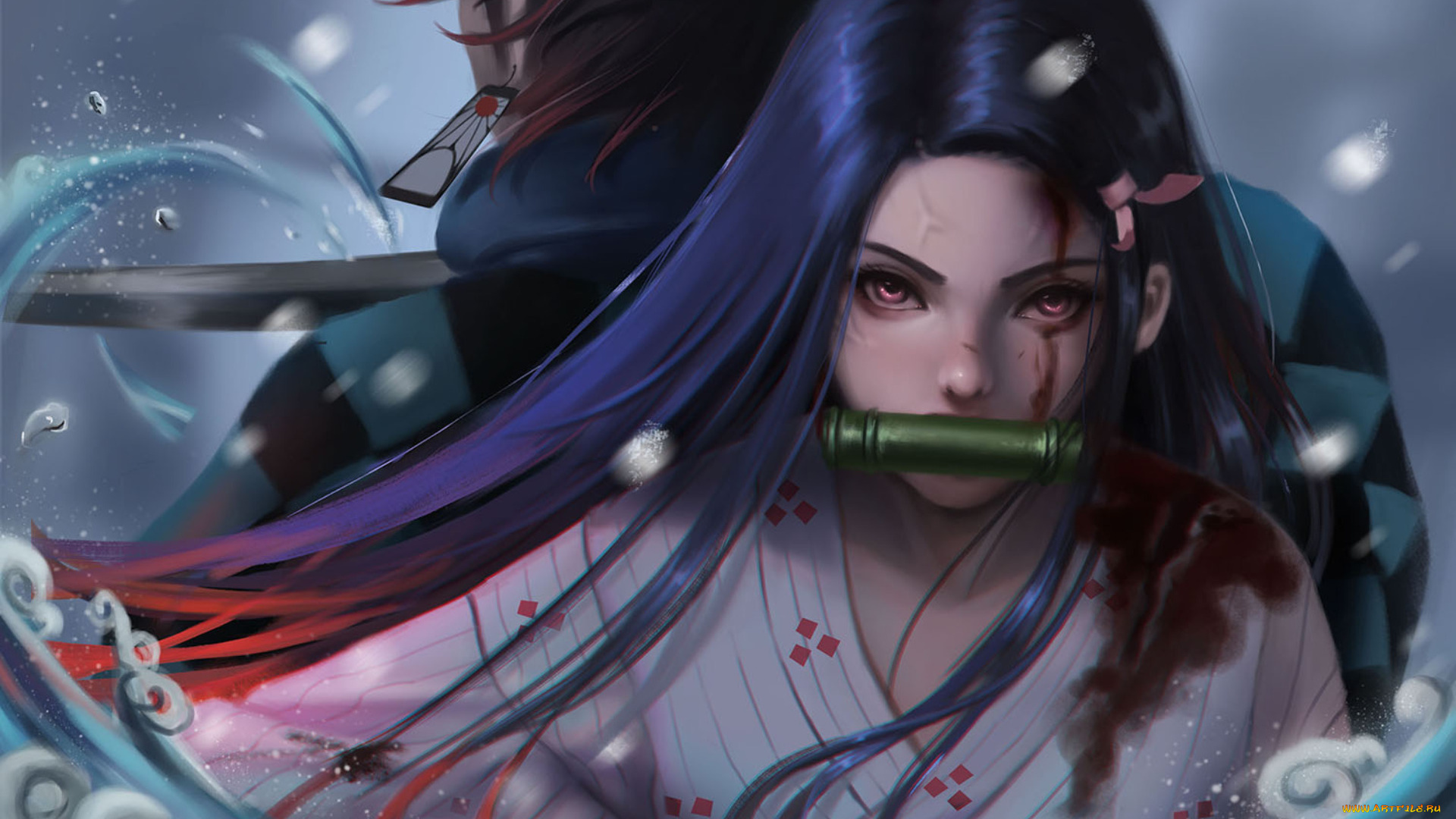 клинок, рассекающий, демонов, аниме, demon, slayer, , kimetsu, no, yaiba, demon, slayer, kimetsu, no, yaiba, девушка, взгляд, парень, меч, nezuko, kamado, tanjirou