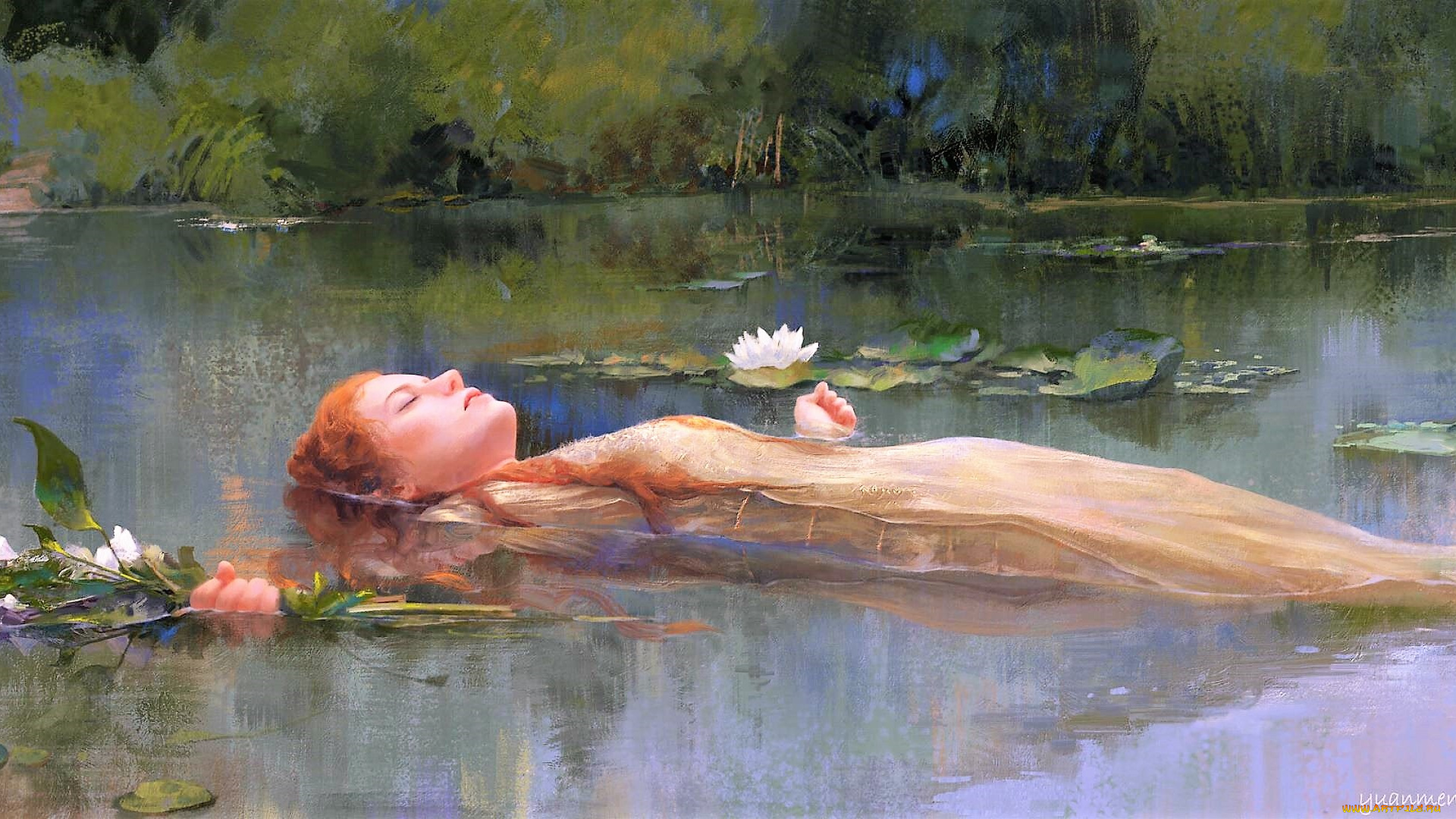 рисованное, живопись, девушка, цветы, озеро