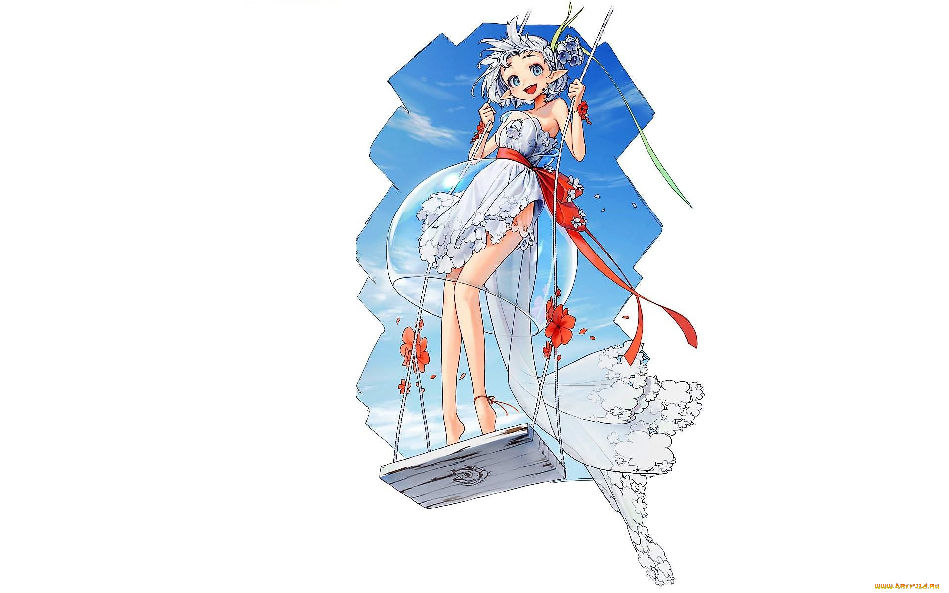 аниме, животные, , существа, девушка, качели