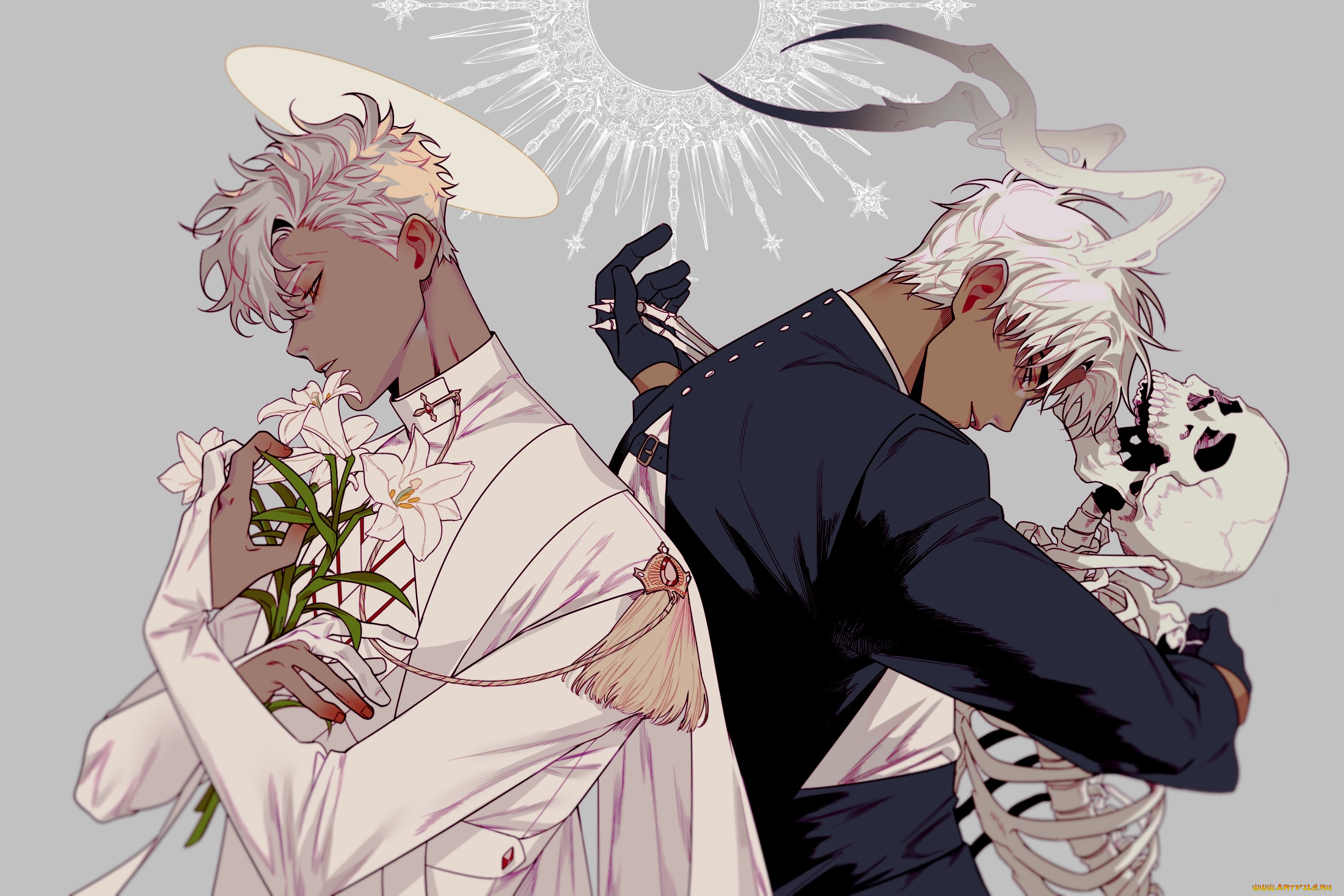 аниме, ангелы, , демоны, ангел, демон, цветы, скелет