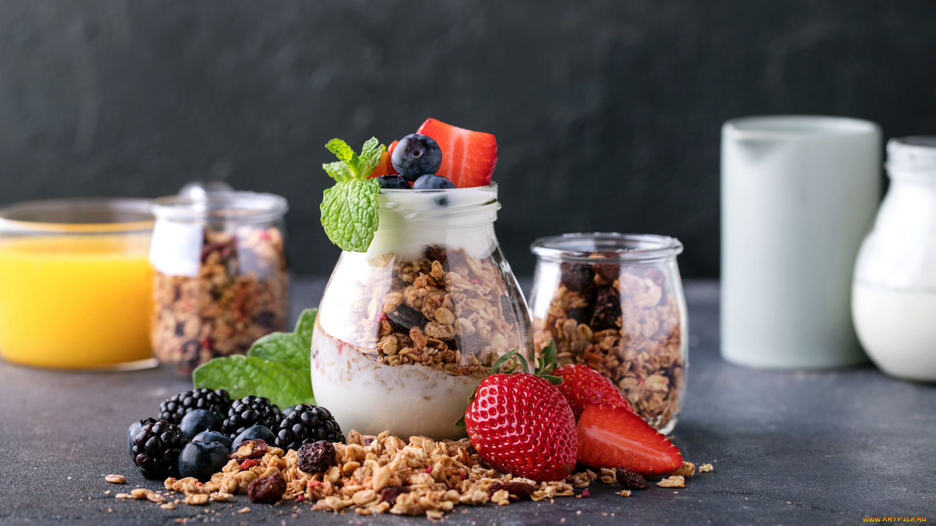 еда, мюсли, , хлопья, клубника, ежевика, мята, йогурт