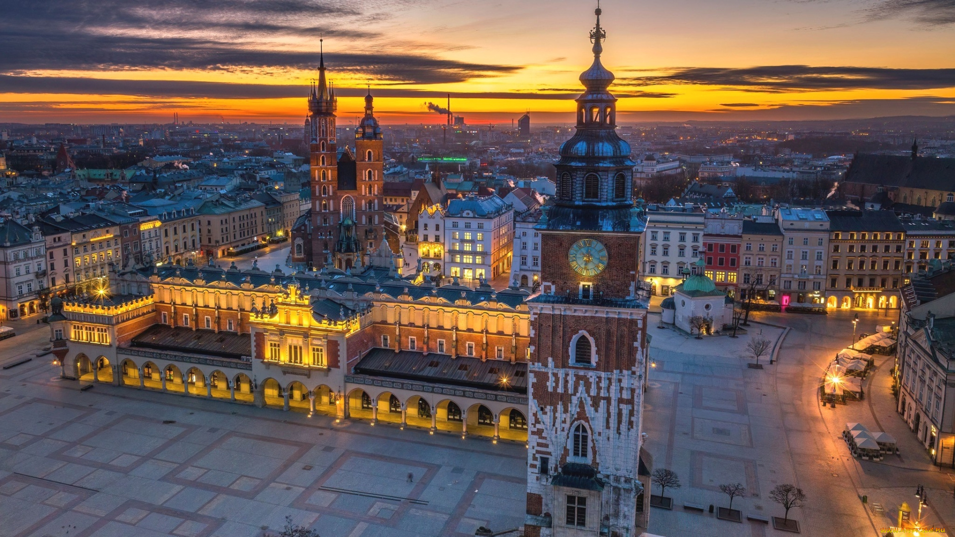 города, краков, , польша, вечер, огни, панорама