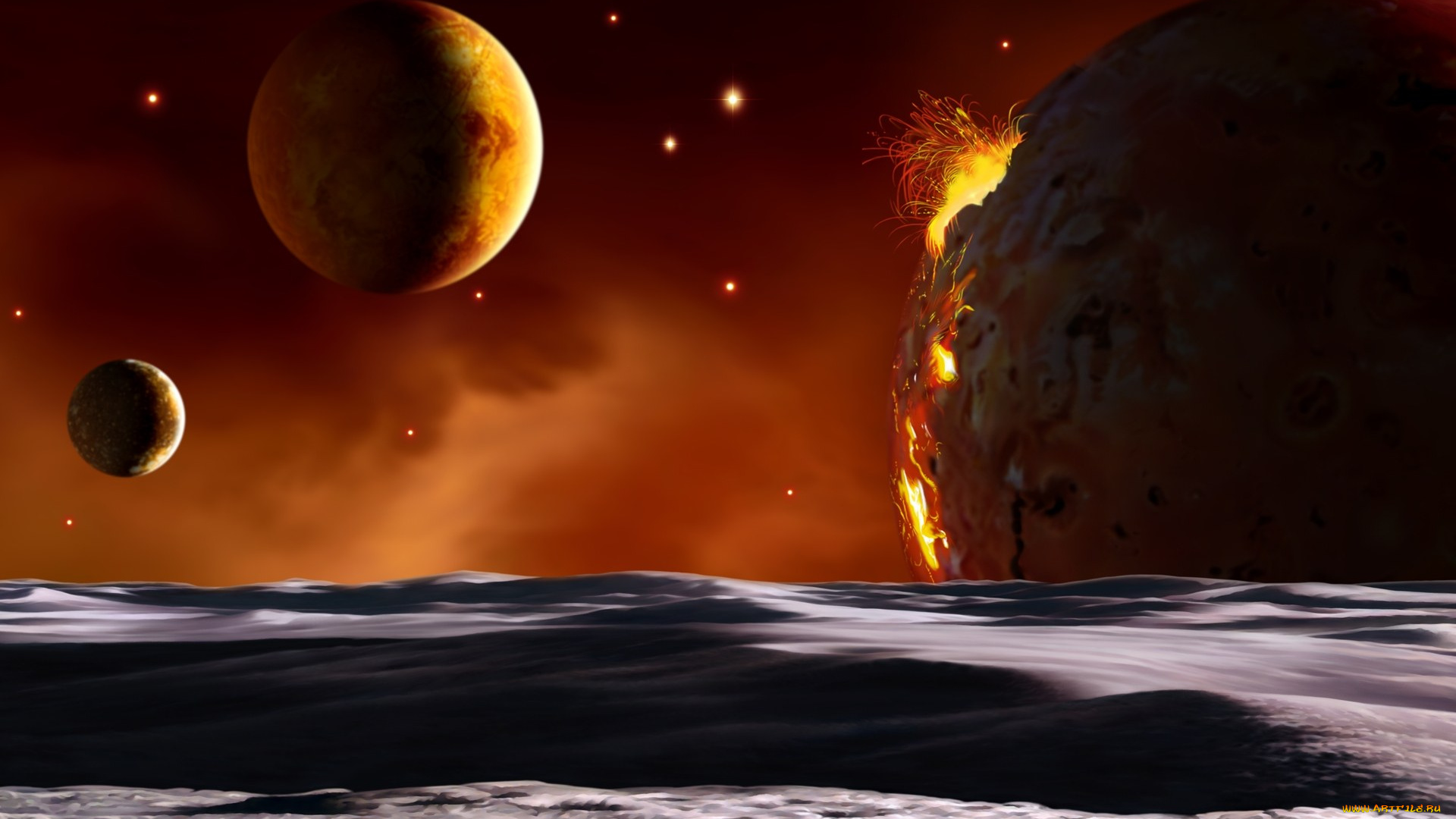 космос, арт, планеты, поверхность, звезды