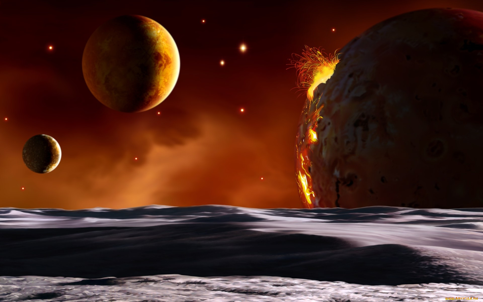 космос, арт, планеты, поверхность, звезды