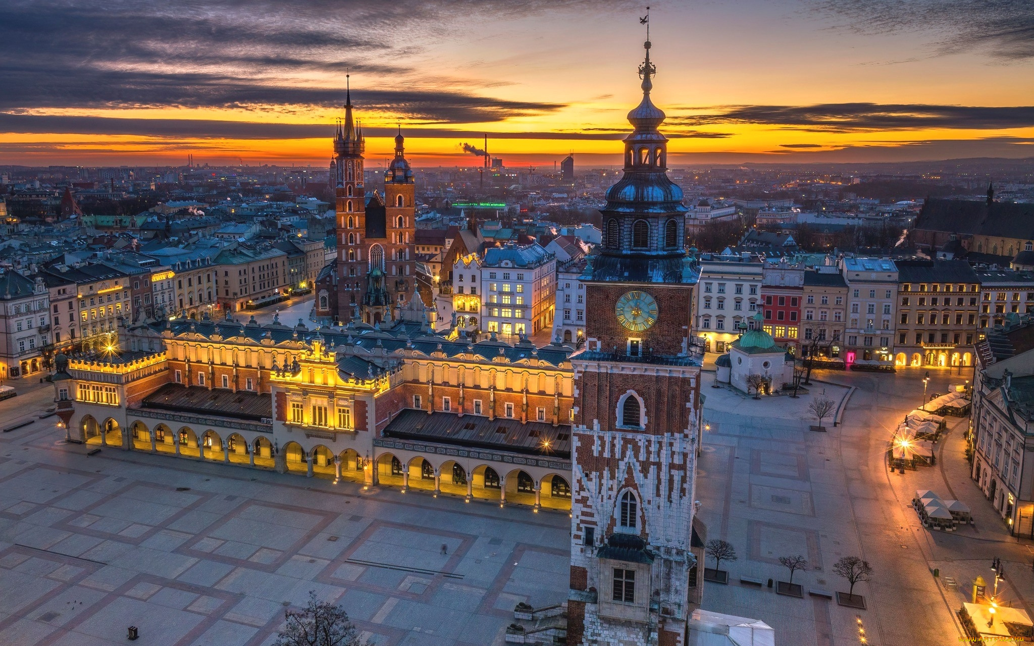 города, краков, , польша, вечер, огни, панорама