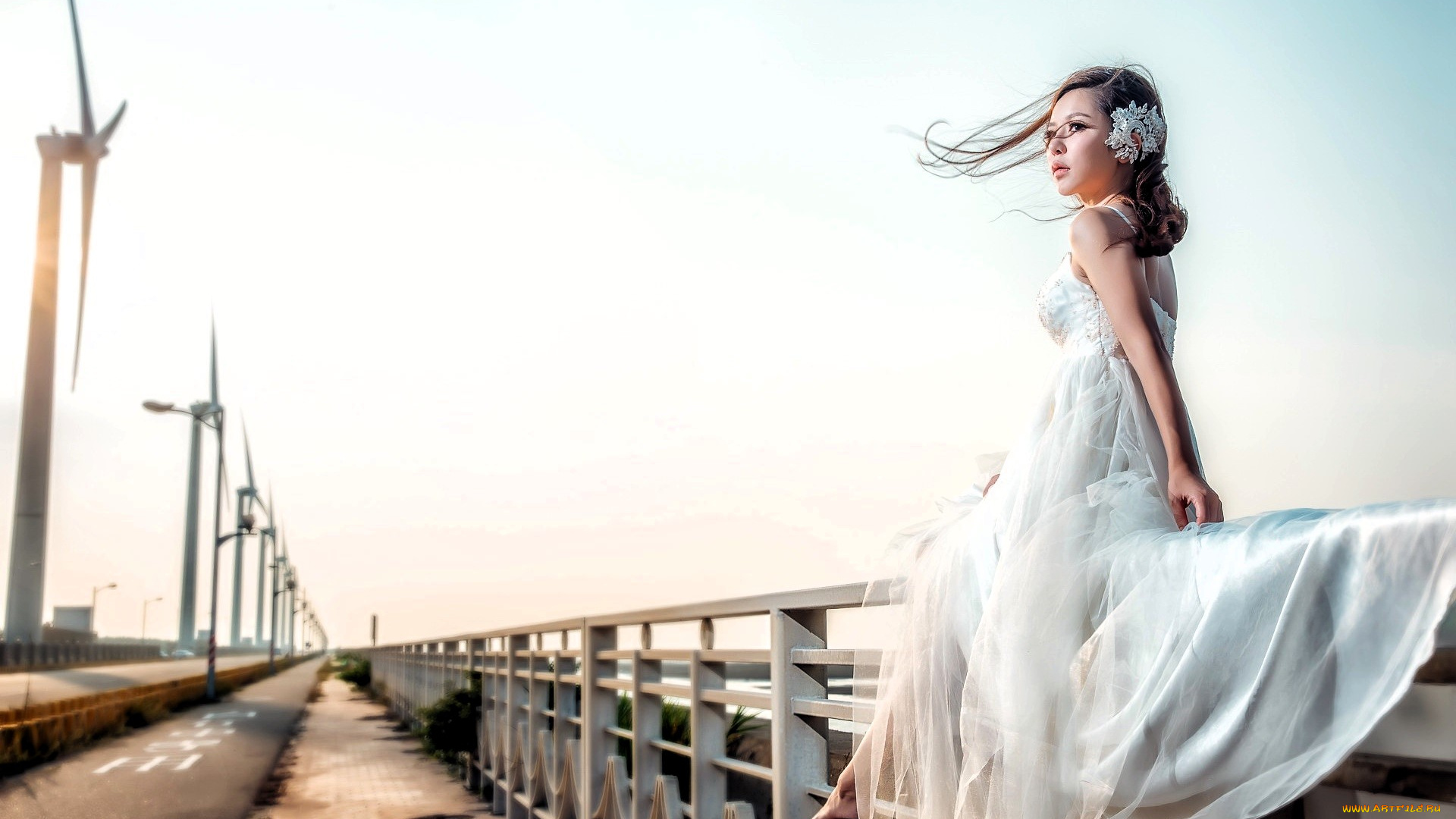 девушки, -, азиатки, шатенка, платье, ограда, ветрогенераторы