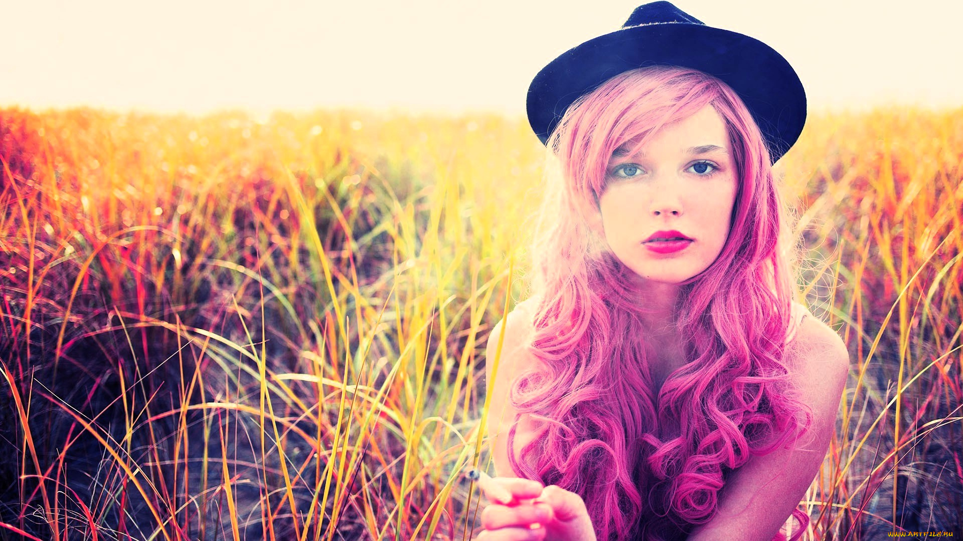 девушки, -, лица, , портреты, шляпа, розовые, волосы, лицо, поле