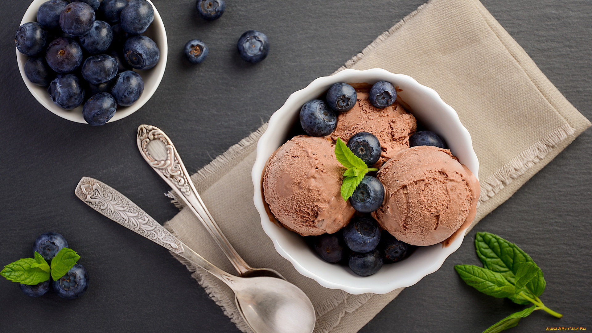 еда, мороженое, , десерты, мята, шоколадное, ягоды, черника