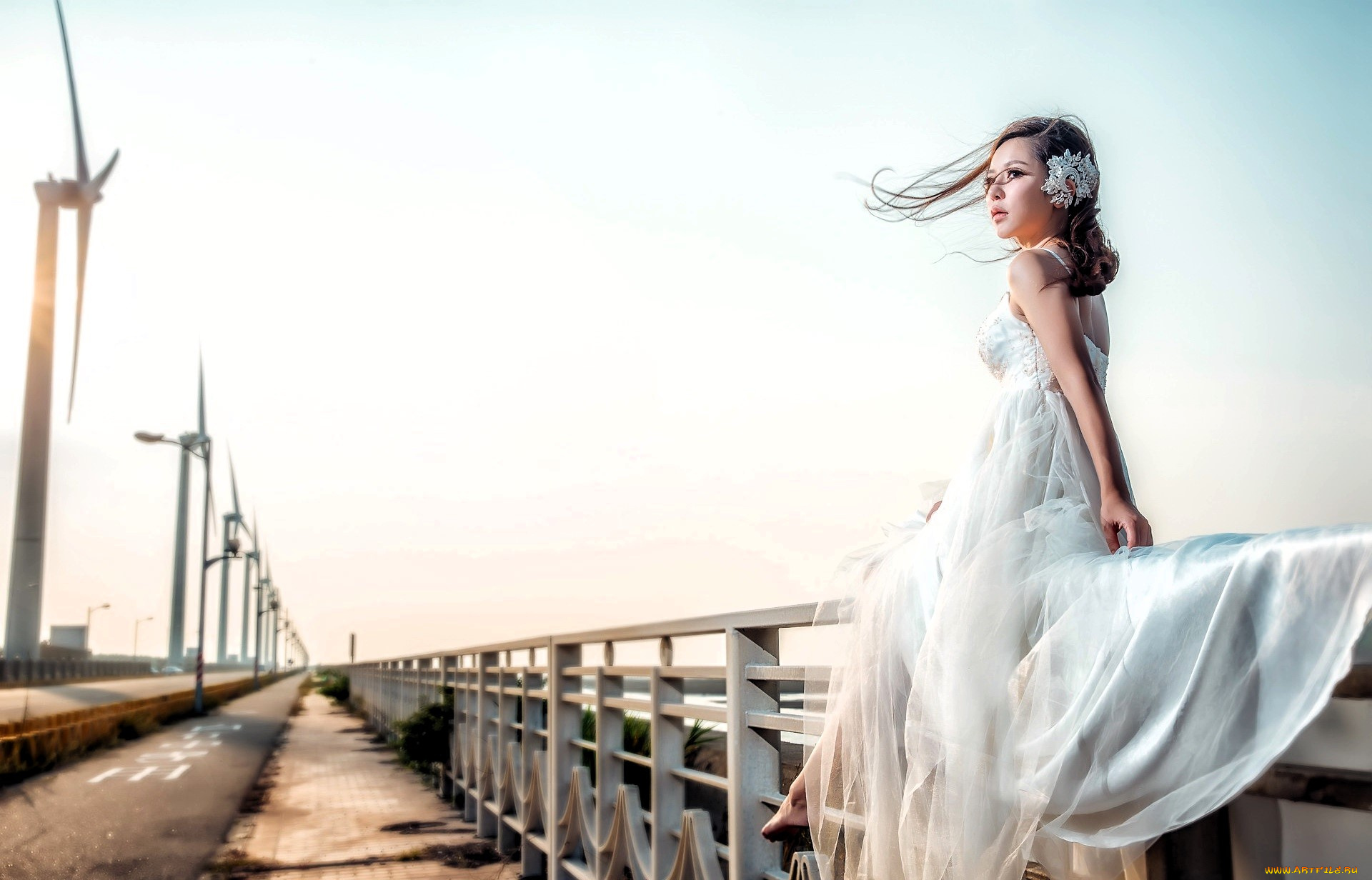 девушки, -, азиатки, шатенка, платье, ограда, ветрогенераторы