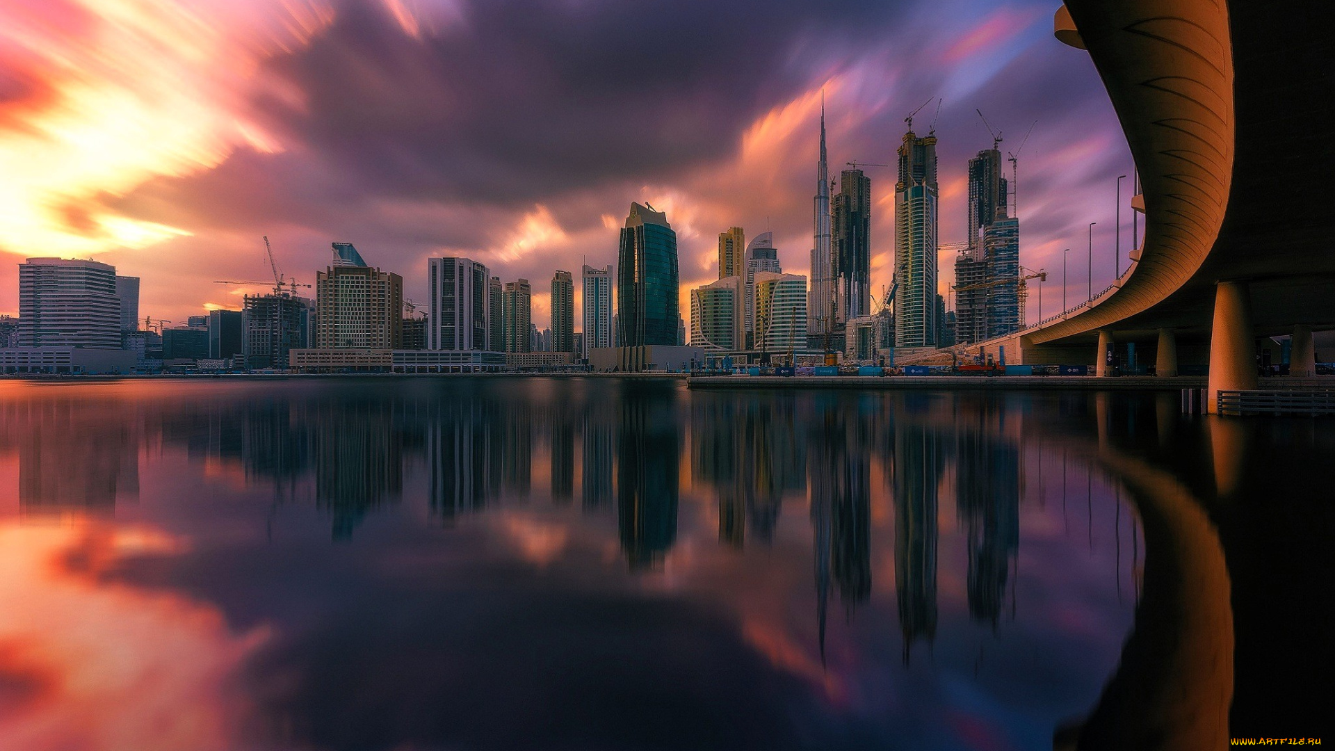города, дубай, , оаэ, закат, тучи, дома, берег, мост, озеро