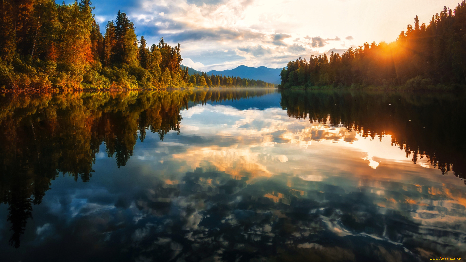 природа, реки, озера, горы, лес, осень, закат, река, отражение