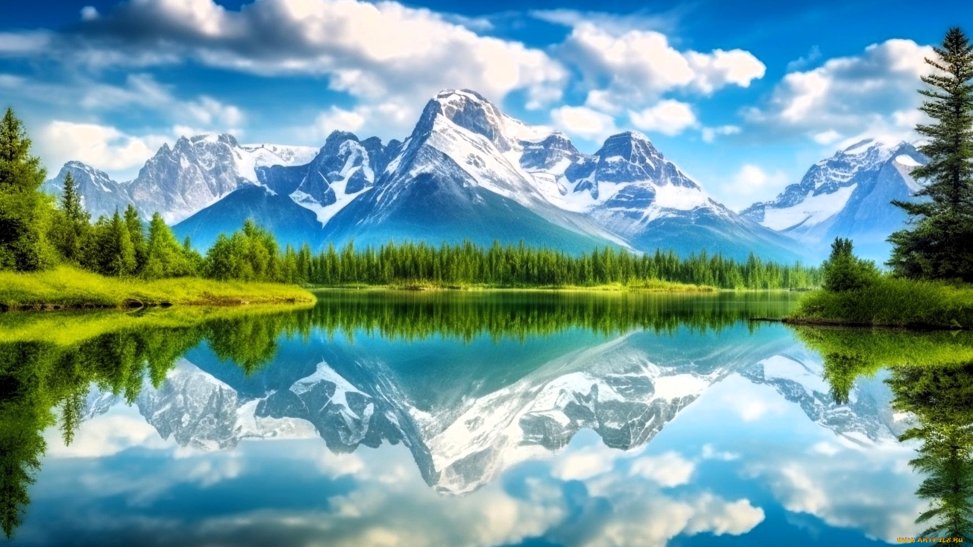 рисованное, природа, небо, облака, горы, озеро, лес, снег, отражение