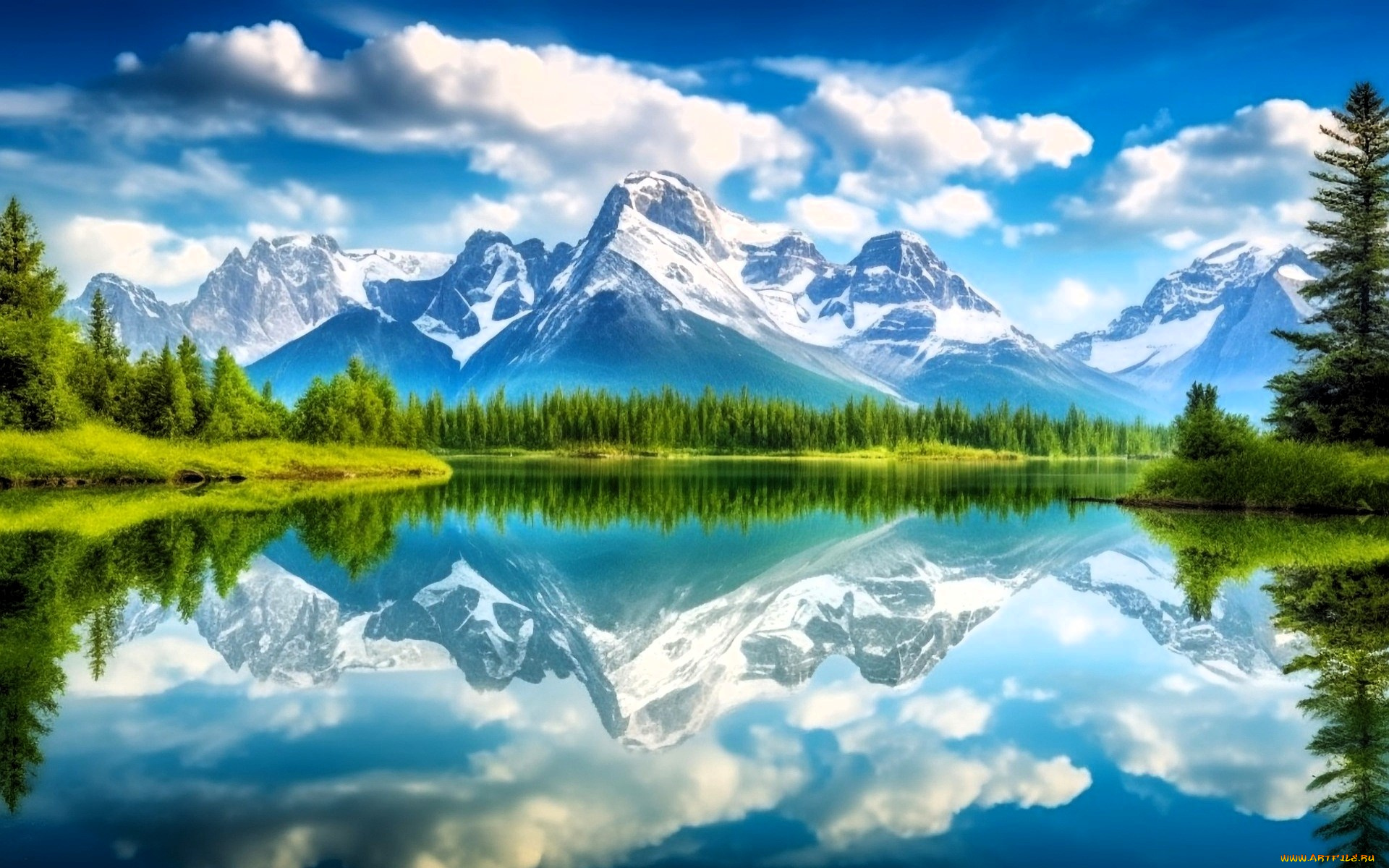 рисованное, природа, небо, облака, горы, озеро, лес, снег, отражение