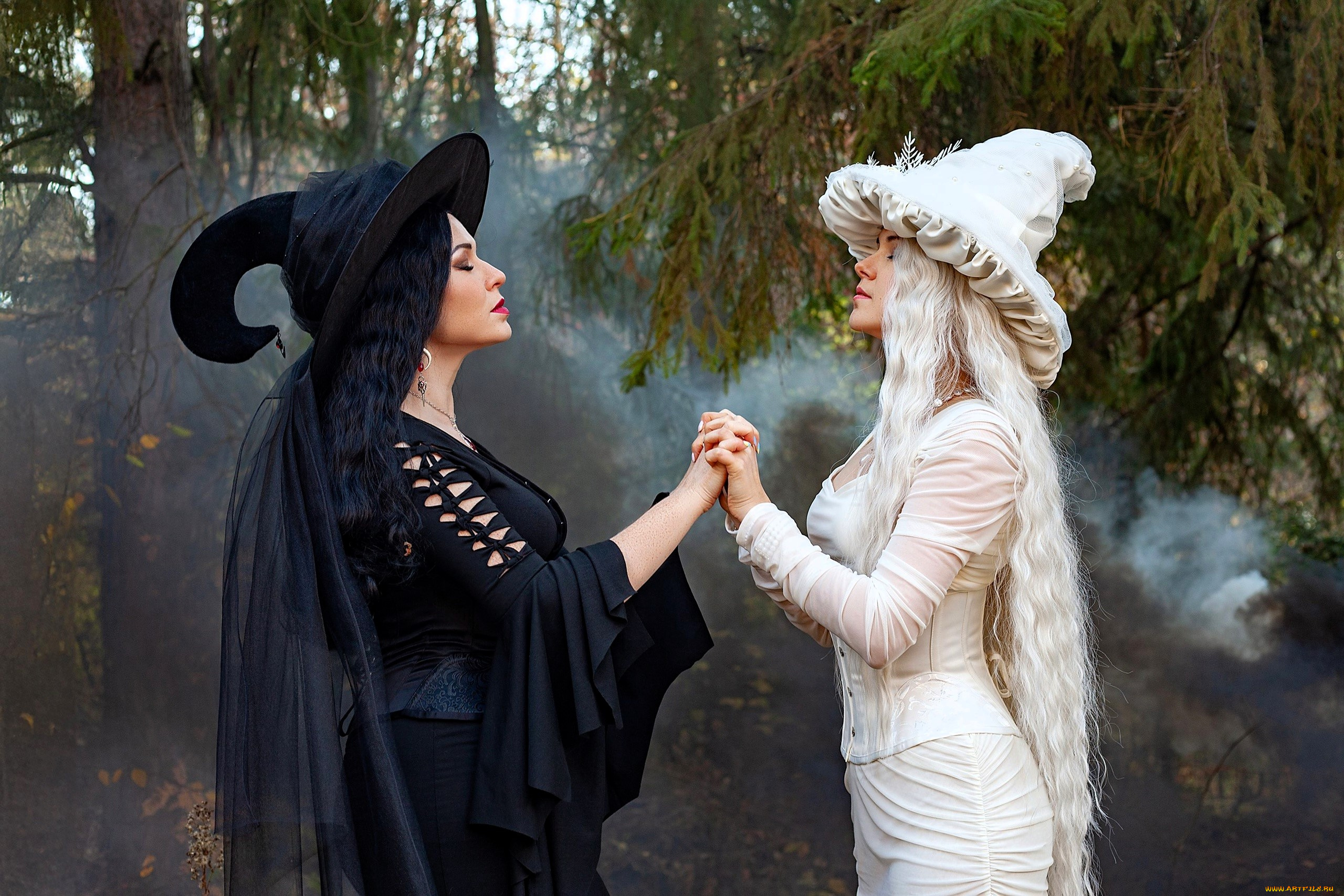 девушки, юлия, огородникова, образы, косплей, наряды, костюмы, подруги, ведьмы, платья, шляпы, лес, дым