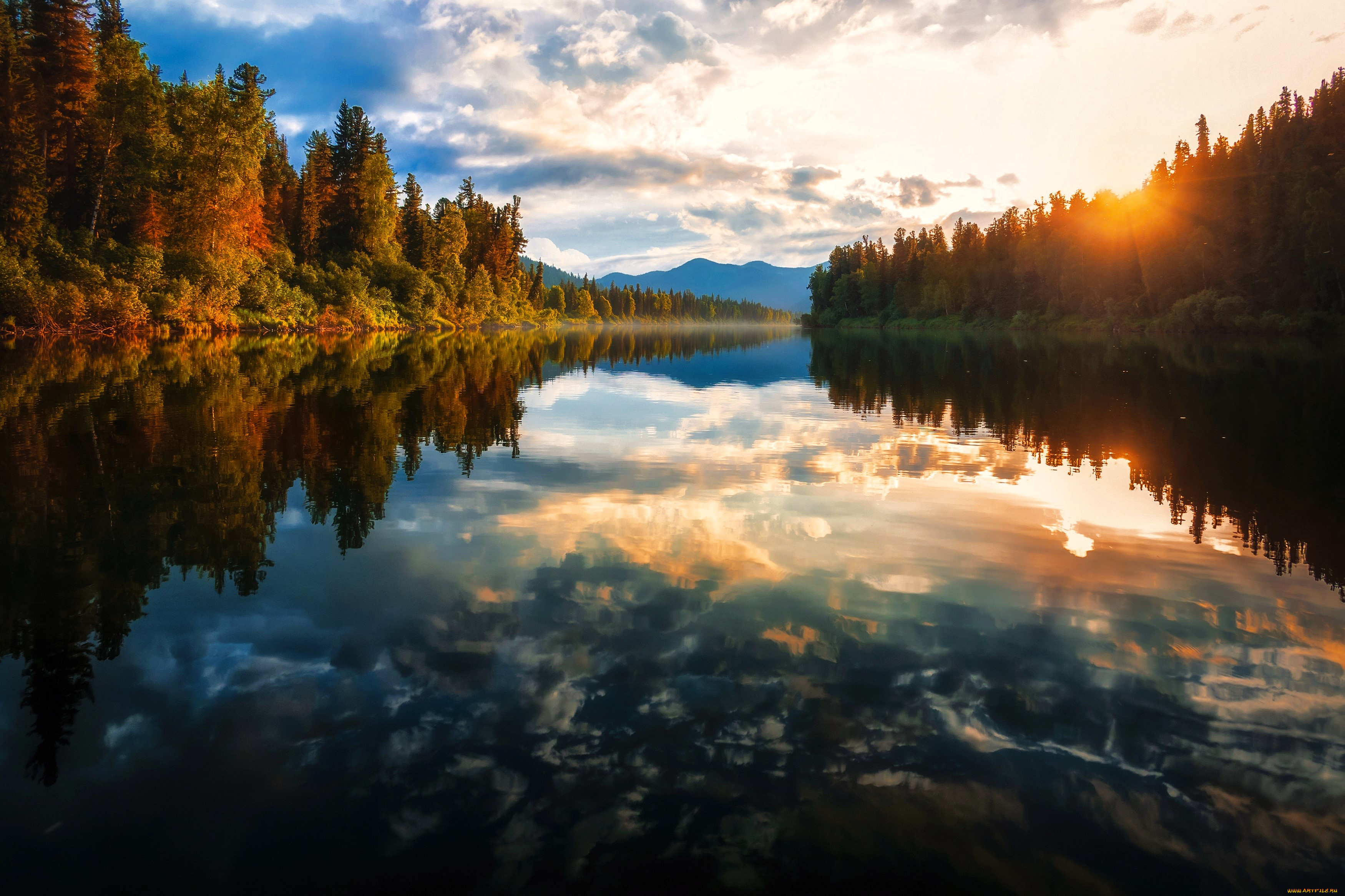 природа, реки, озера, горы, лес, осень, закат, река, отражение
