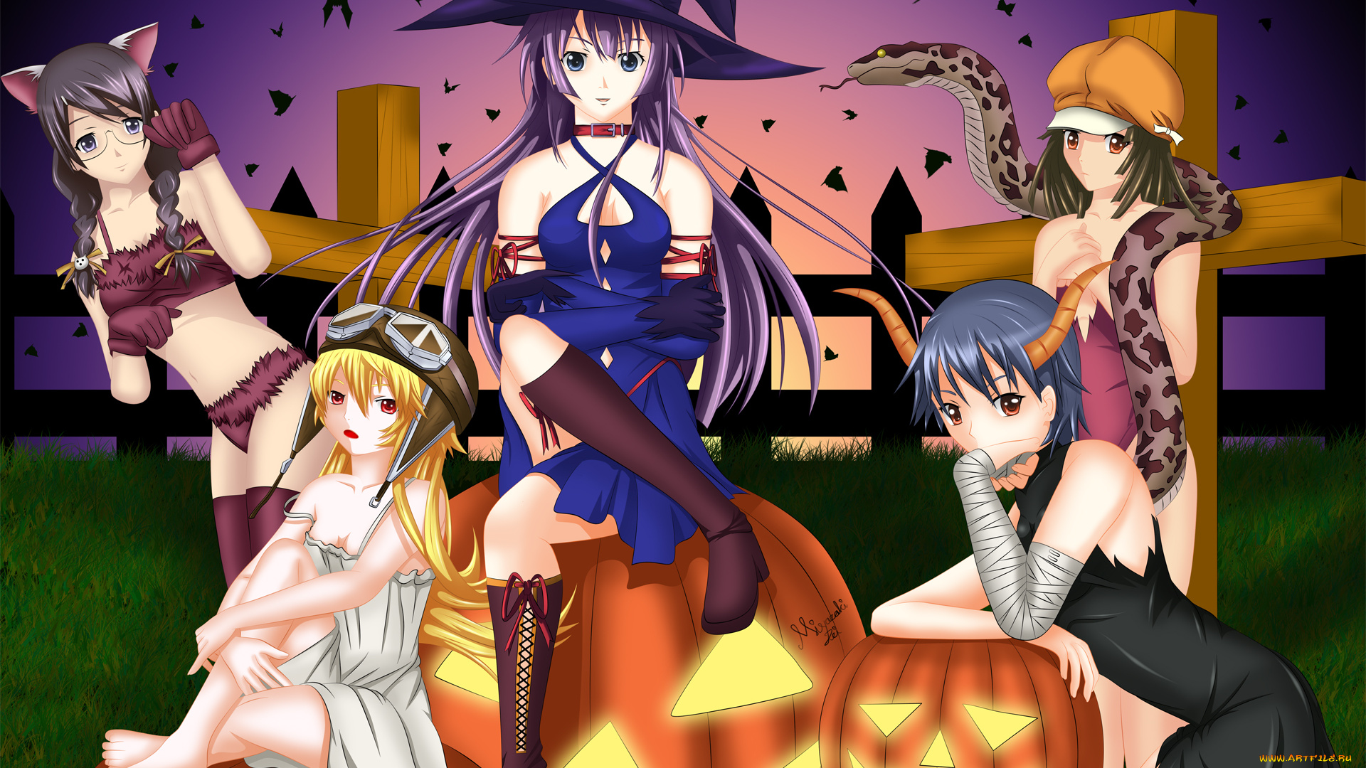 bakemonogatari, аниме, oshino, shinobu, senjougahara, hitagi, kanbaru, suruga, hanekawa, tsubasa, sengoku, nadeko, девушки, halloween, змея, шляпа, рога, шлем, ушки, платье, бинт, тыква, летучие, мыши