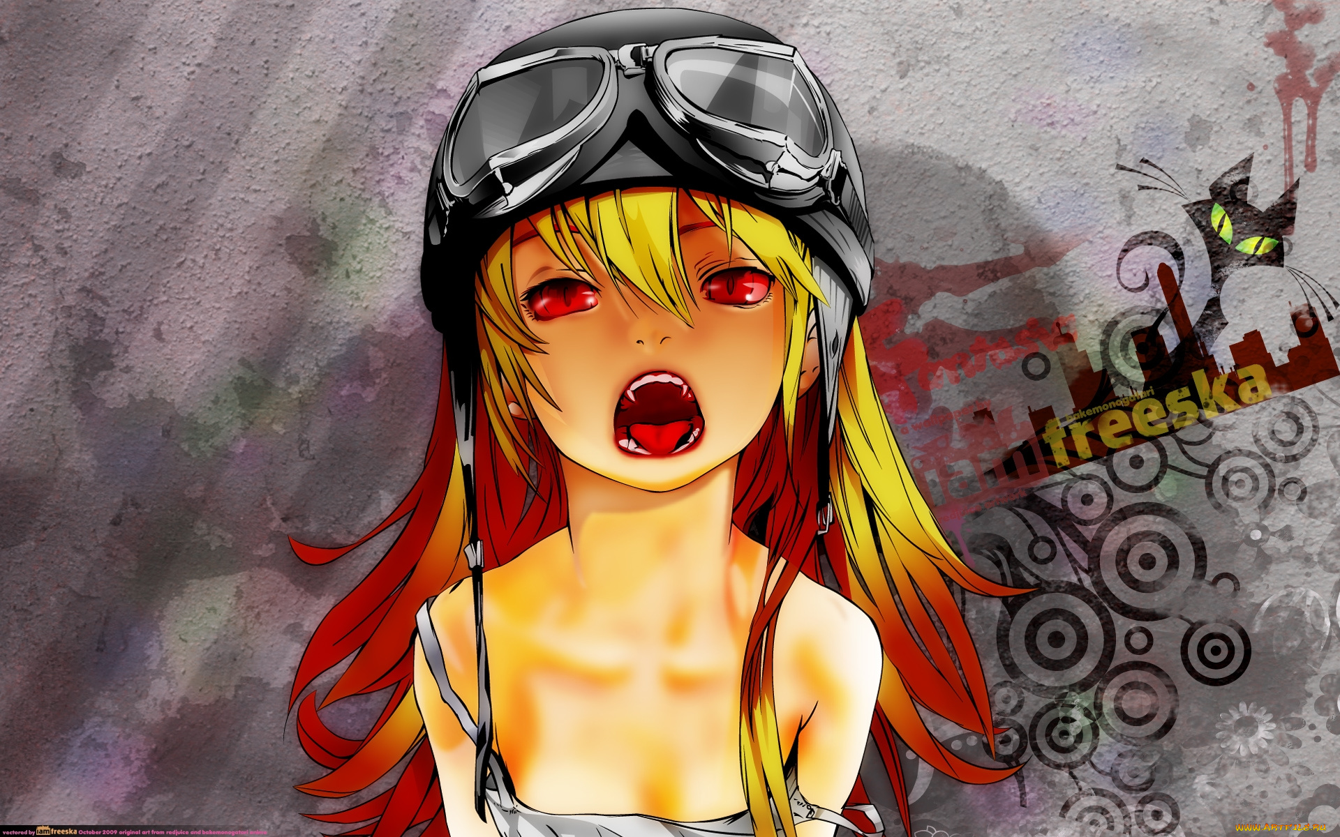 аниме, bakemonogatari, oshino, shinobu, девушка, платье, шлем, клыки, надпись