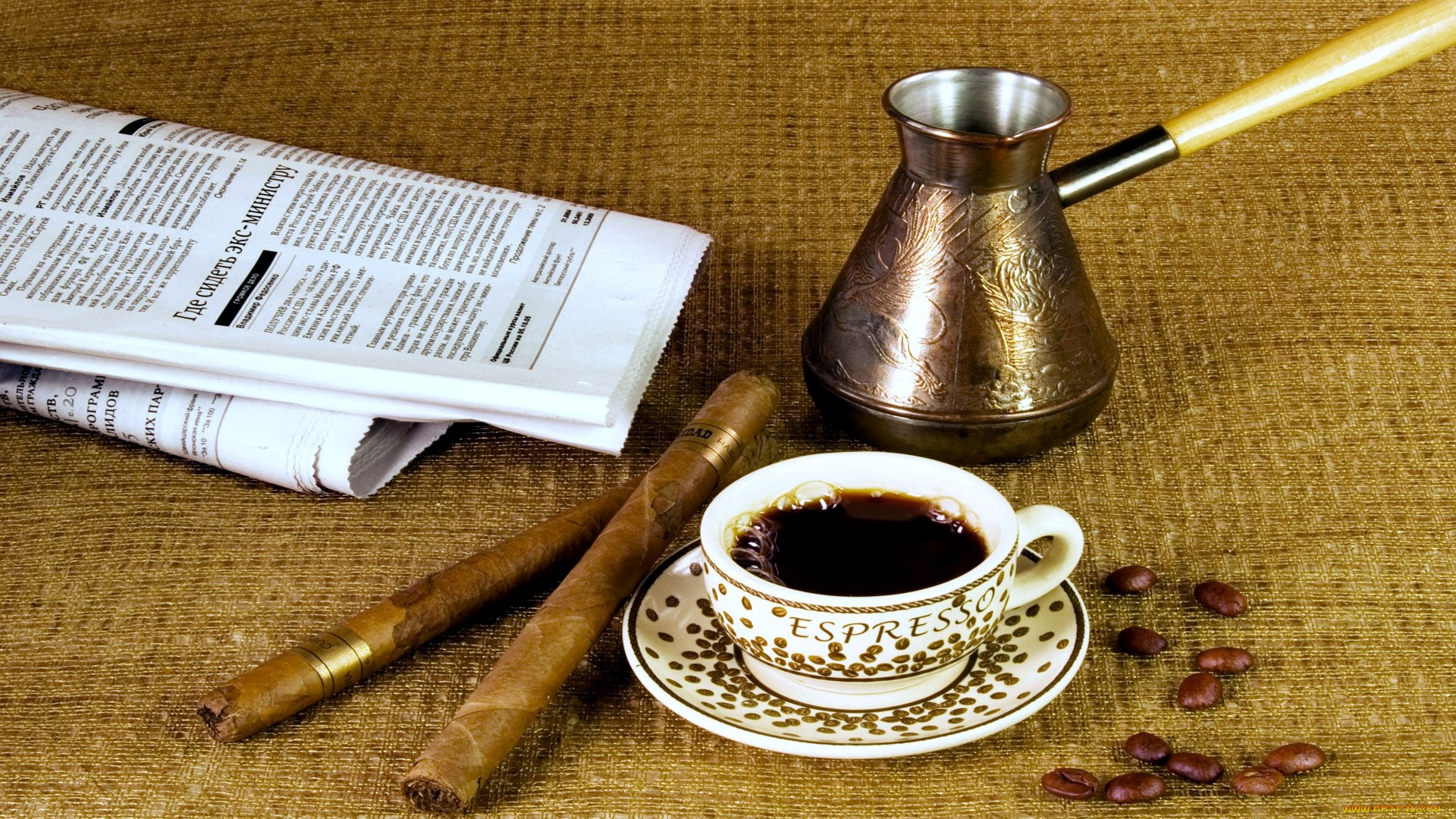 еда, кофе, кофейные, зёрна, чашка, сигары, газета, турка