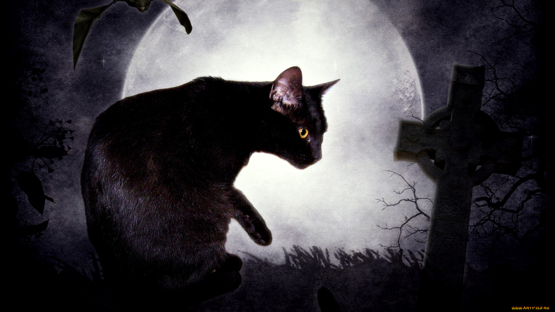 фэнтези, другое, ночь, крест, летучая, мышь, луна, кошка