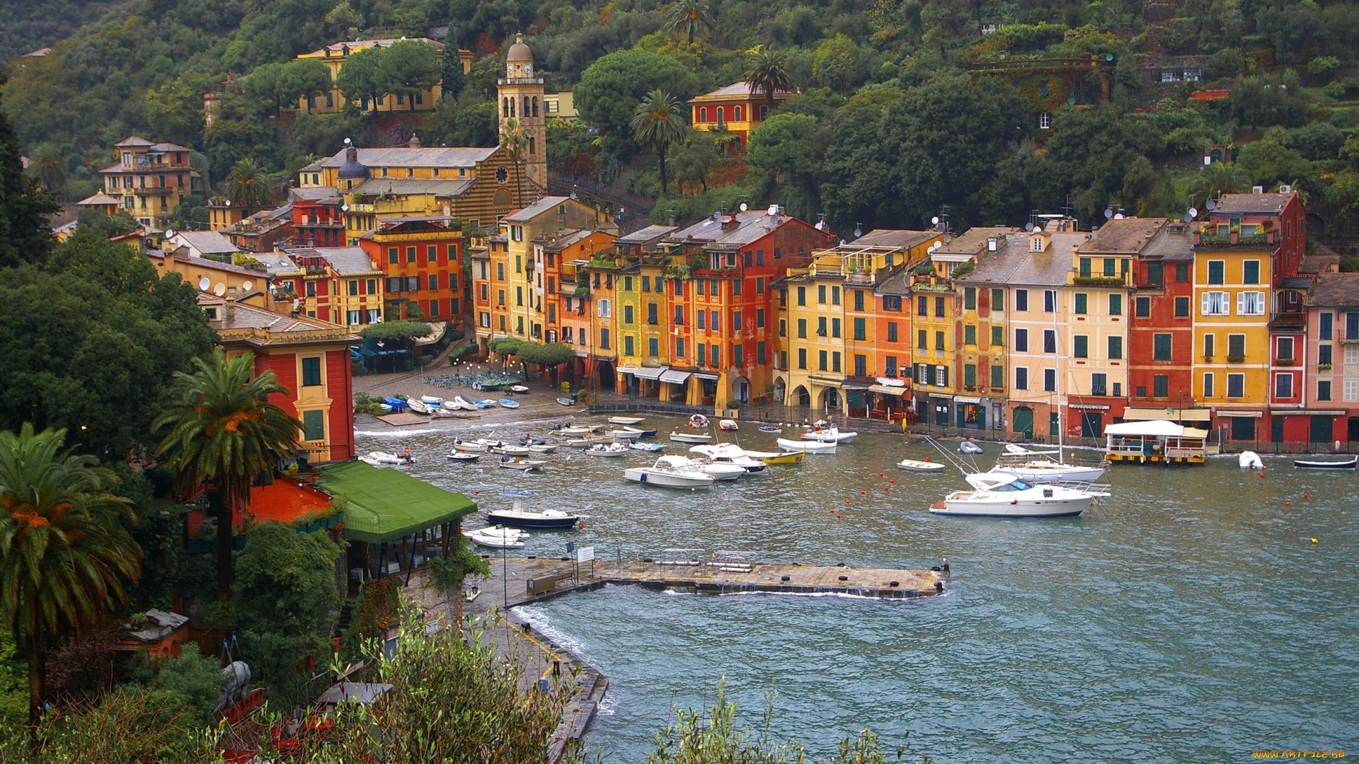 портофино, италия, города, амальфийское, лигурийское, побережье, вода, яхты, деревья, дома