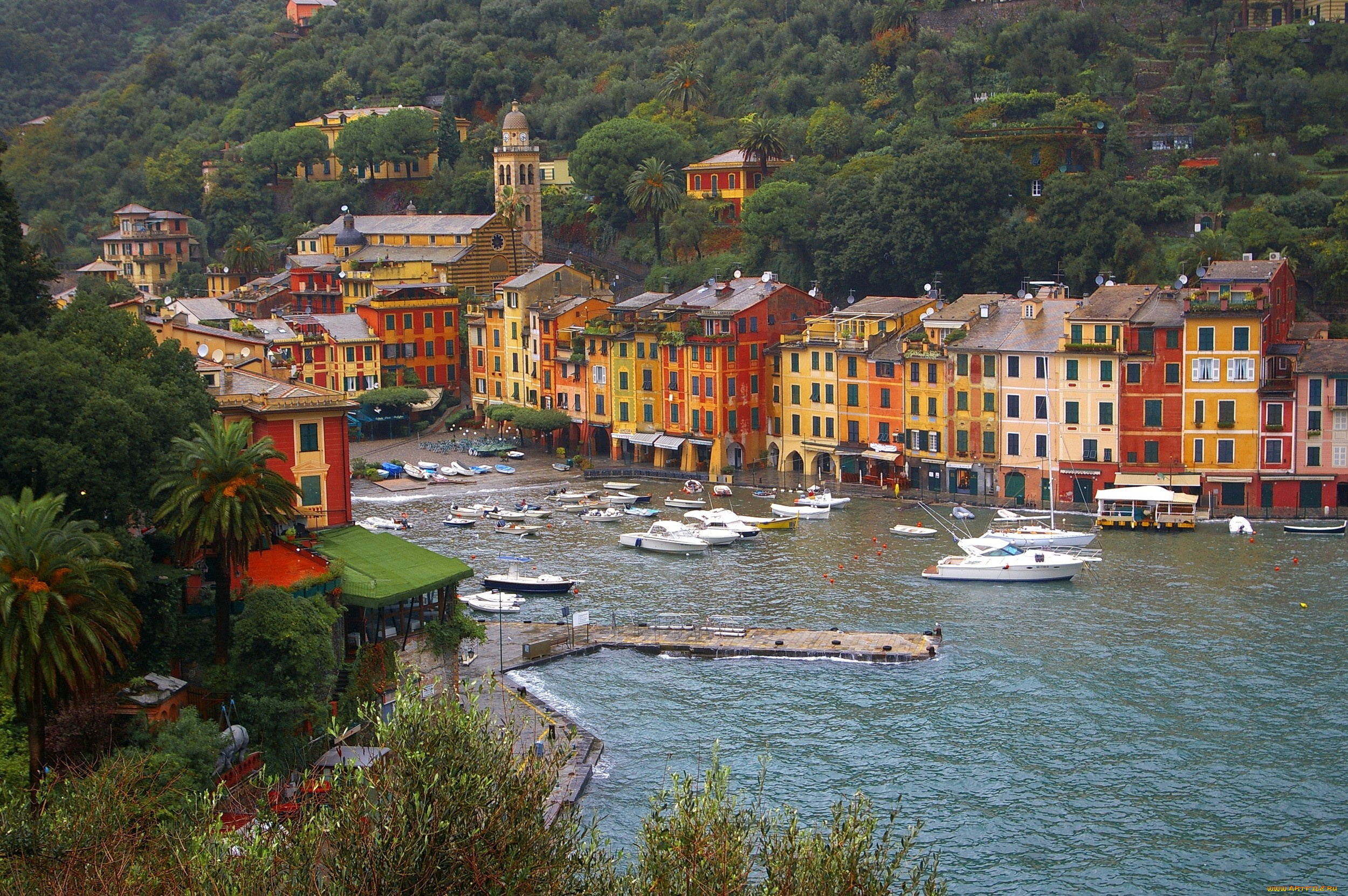 портофино, италия, города, амальфийское, лигурийское, побережье, вода, яхты, деревья, дома