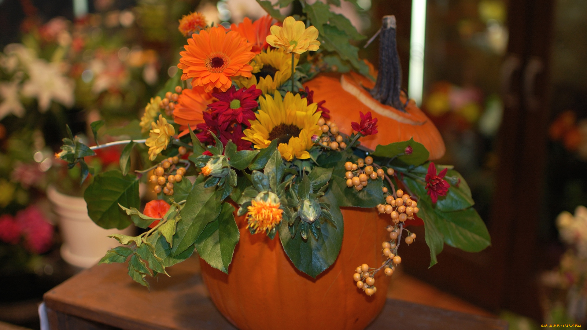 цветы, букеты, композиции, тыква, розы, герберы, подсолнух